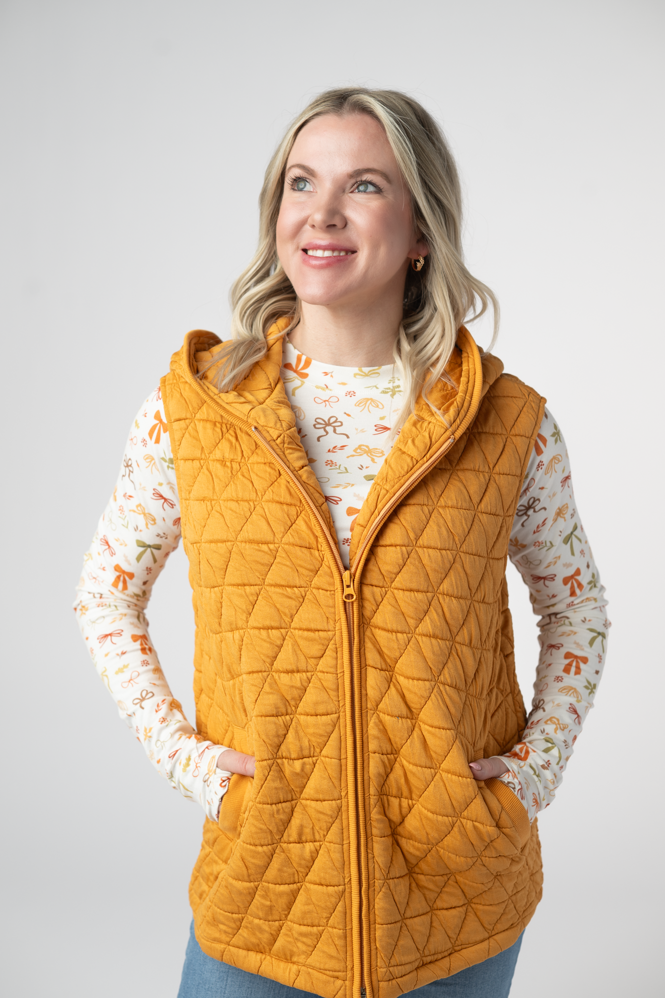 IN STOCK Heather Geometric Hooded Vest - Mustard-Vest-Dear Me Southern Boutique, located in DeRidder, Louisiana