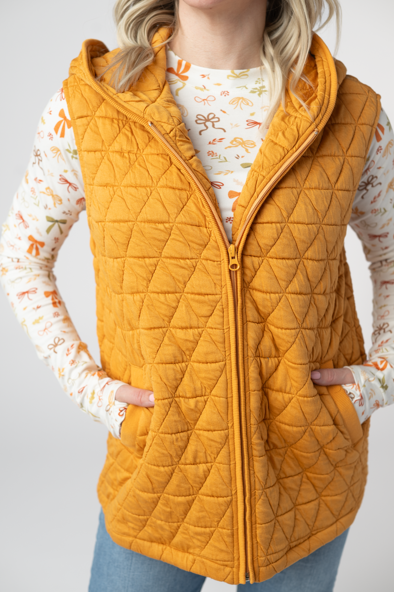 IN STOCK Heather Geometric Hooded Vest - Mustard-Vest-Dear Me Southern Boutique, located in DeRidder, Louisiana