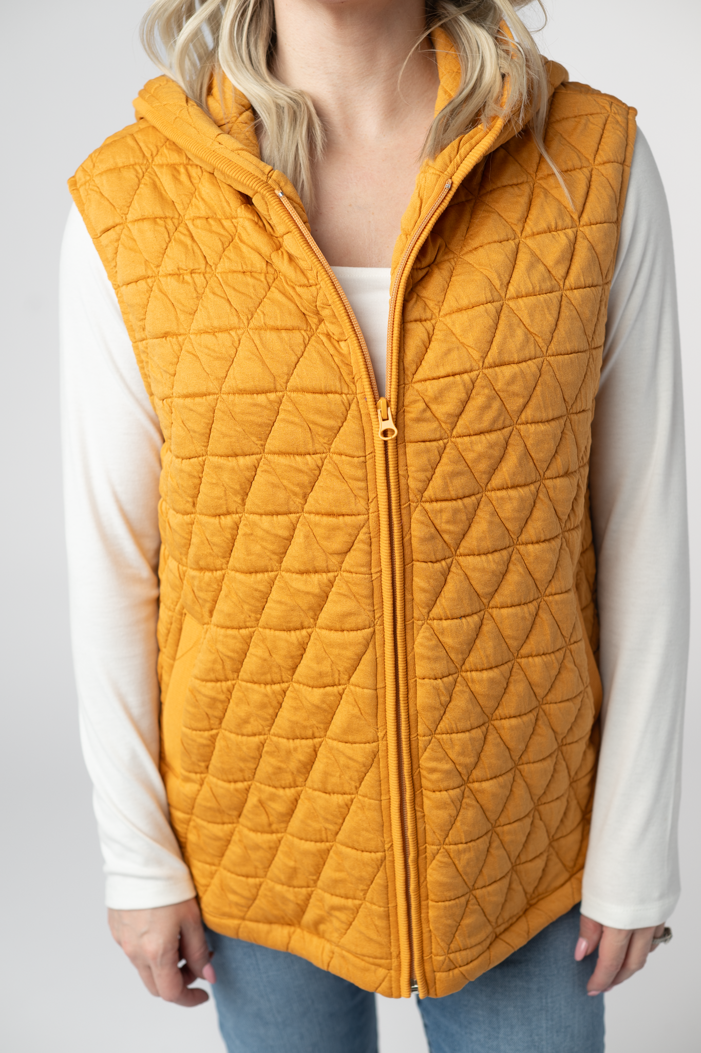 IN STOCK Heather Geometric Hooded Vest - Mustard-Vest-Dear Me Southern Boutique, located in DeRidder, Louisiana