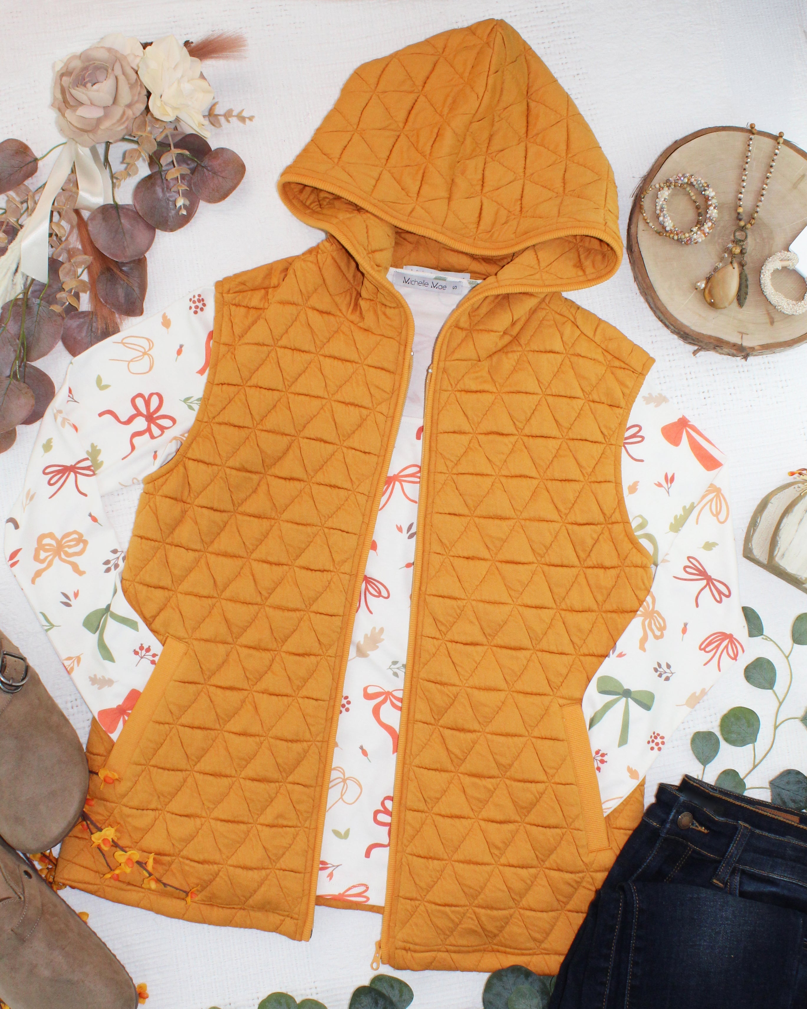 IN STOCK Heather Geometric Hooded Vest - Mustard-Vest-Dear Me Southern Boutique, located in DeRidder, Louisiana