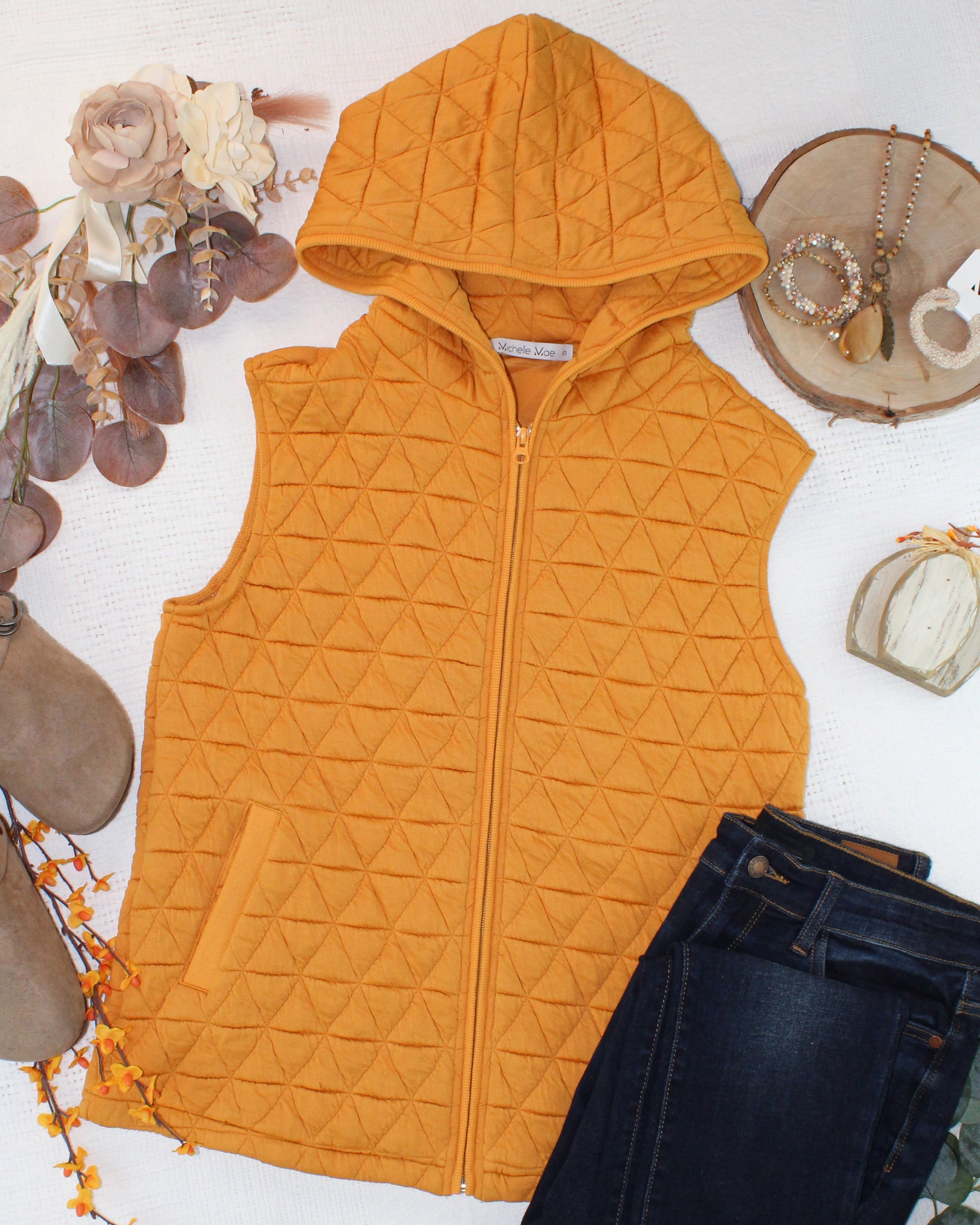 IN STOCK Heather Geometric Hooded Vest - Mustard-Vest-Dear Me Southern Boutique, located in DeRidder, Louisiana