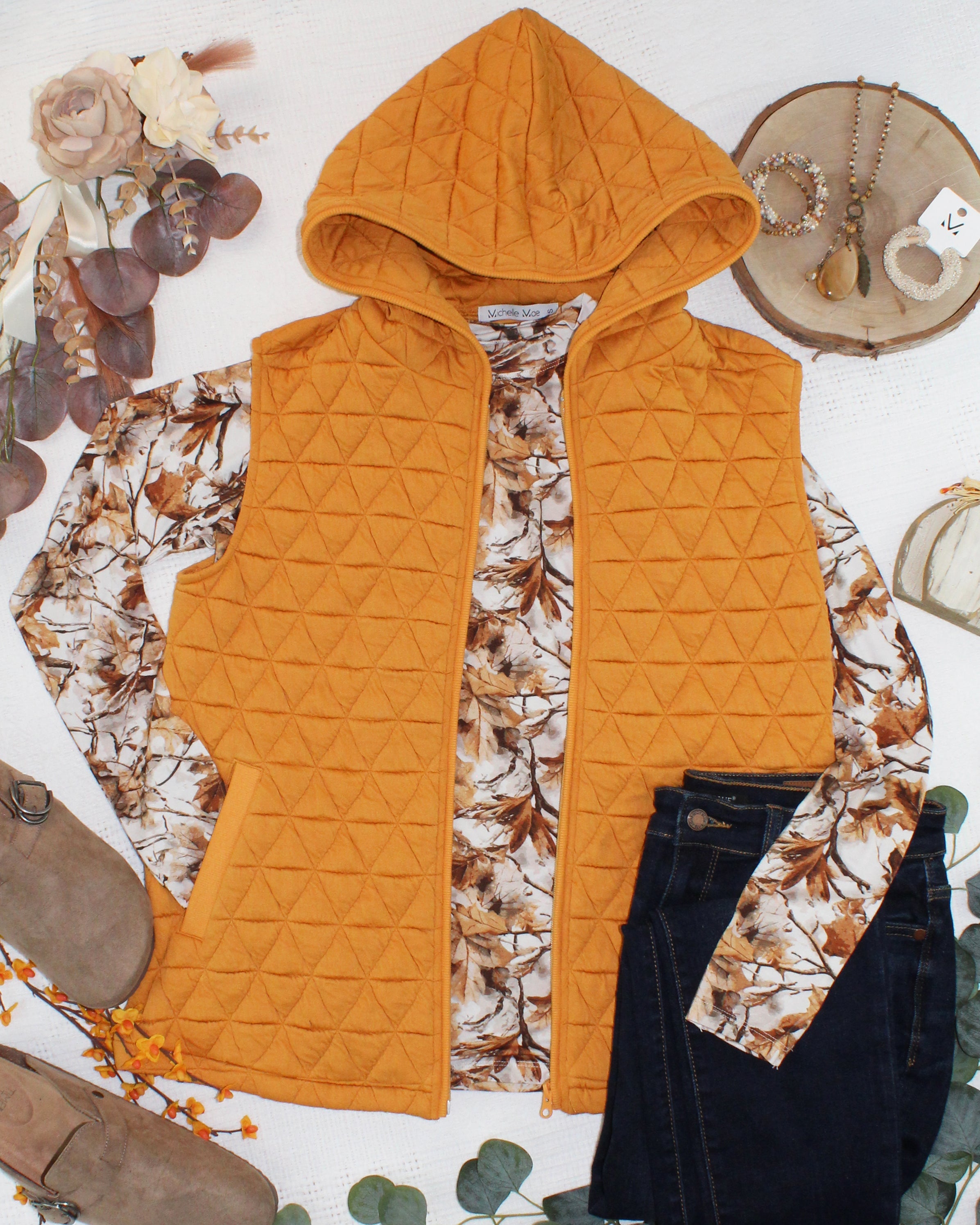 IN STOCK Heather Geometric Hooded Vest - Mustard-Vest-Dear Me Southern Boutique, located in DeRidder, Louisiana