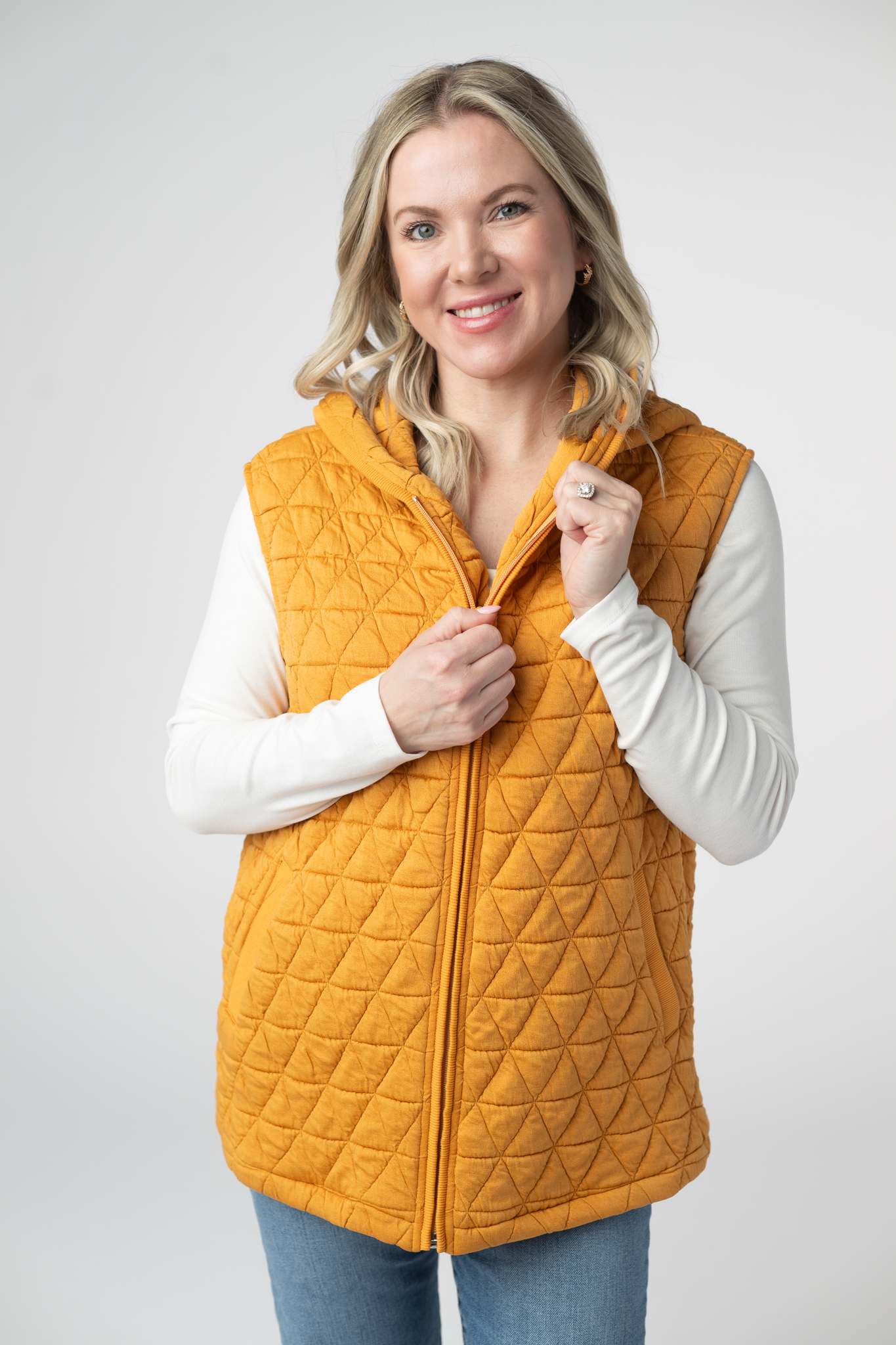 IN STOCK Heather Geometric Hooded Vest - Mustard-Vest-Dear Me Southern Boutique, located in DeRidder, Louisiana