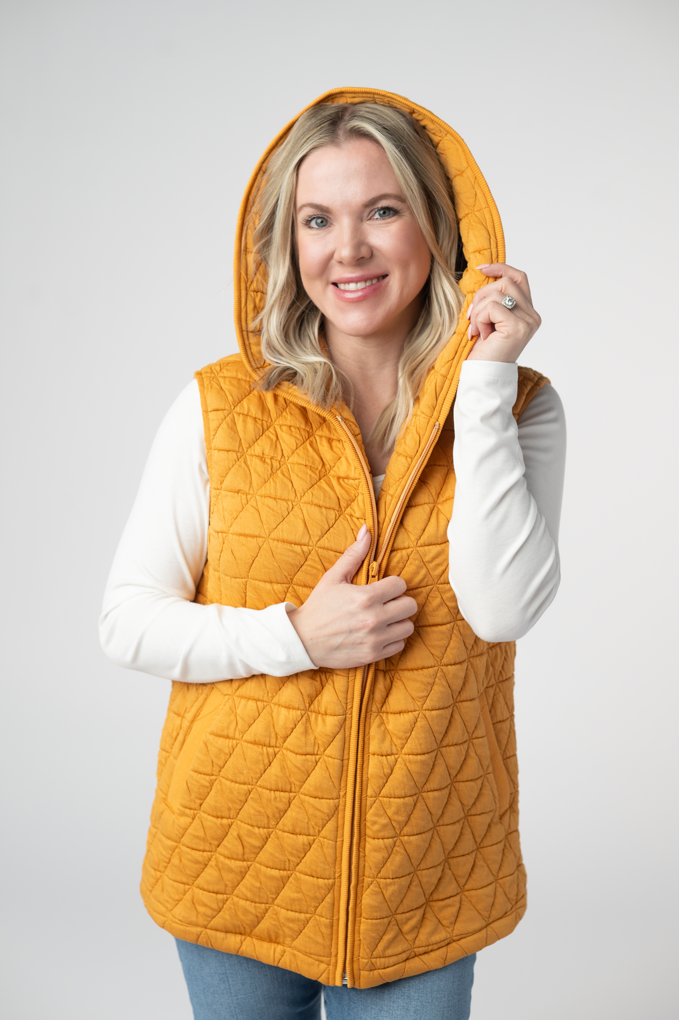IN STOCK Heather Geometric Hooded Vest - Mustard-Vest-Dear Me Southern Boutique, located in DeRidder, Louisiana