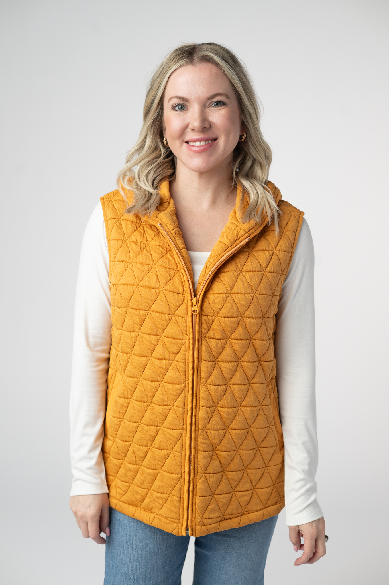 IN STOCK Heather Geometric Hooded Vest - Mustard-Vest-Dear Me Southern Boutique, located in DeRidder, Louisiana