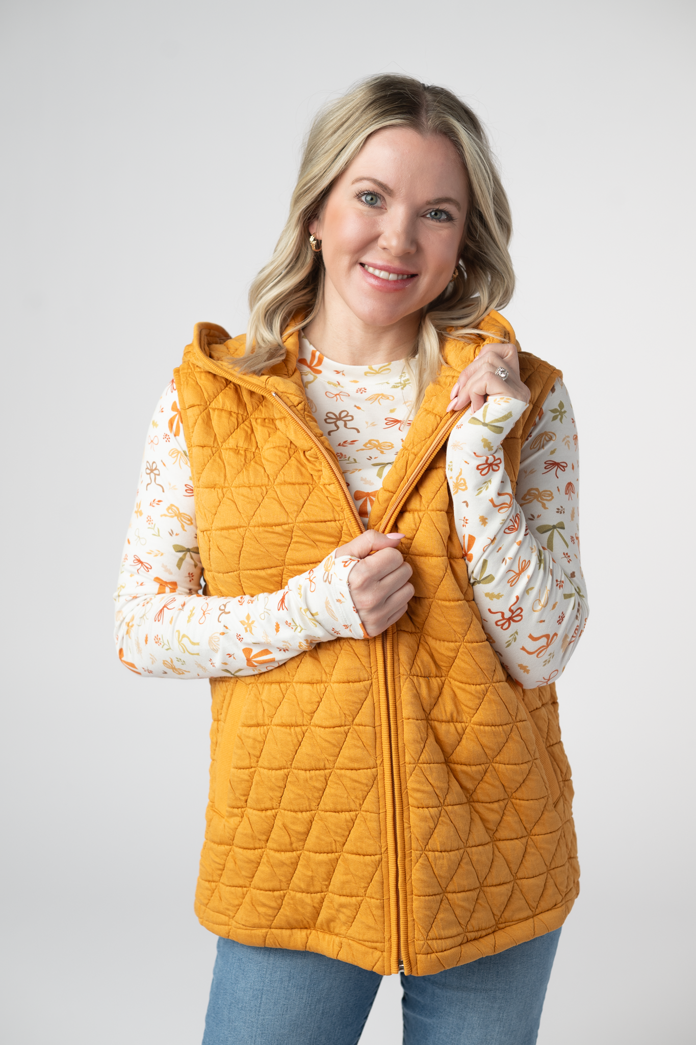 IN STOCK Heather Geometric Hooded Vest - Mustard-Vest-Dear Me Southern Boutique, located in DeRidder, Louisiana