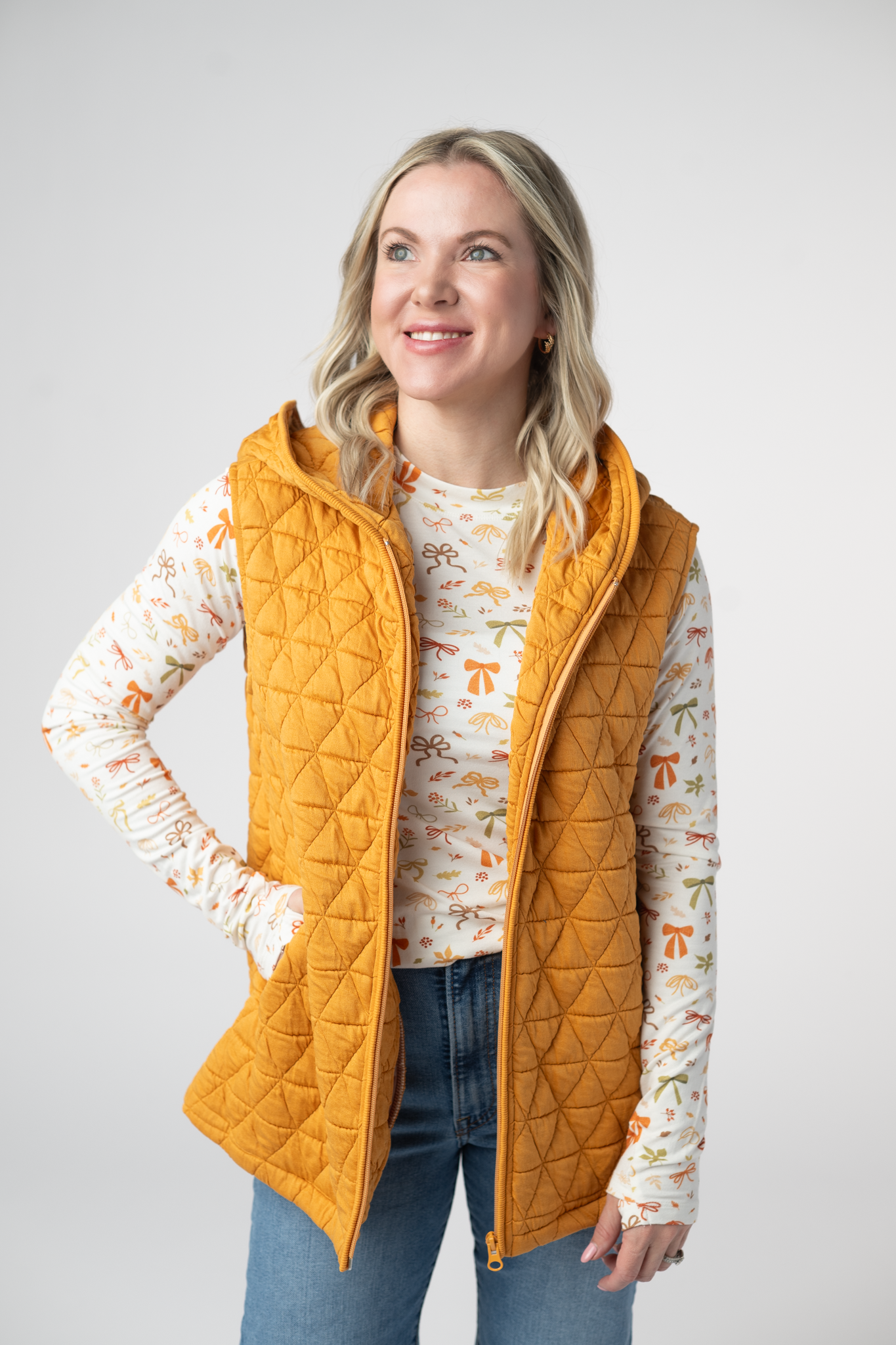 IN STOCK Heather Geometric Hooded Vest - Mustard-Vest-Dear Me Southern Boutique, located in DeRidder, Louisiana