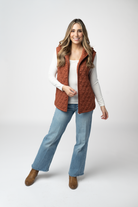 IN STOCK Heather Geometric Hooded Vest - Rust-Vest-Dear Me Southern Boutique, located in DeRidder, Louisiana