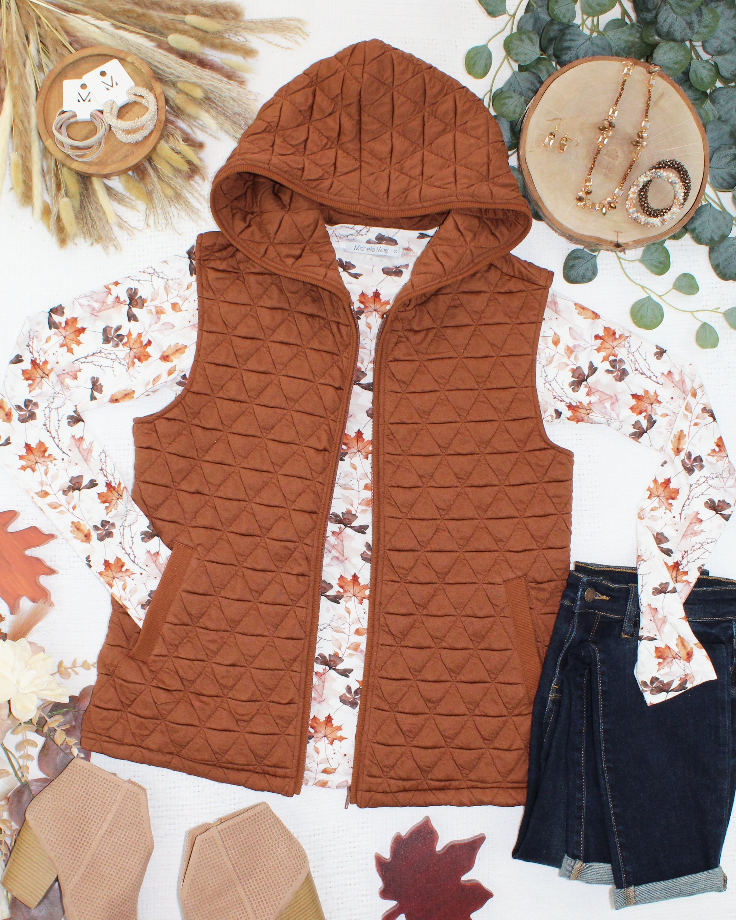 IN STOCK Heather Geometric Hooded Vest - Rust-Vest-Dear Me Southern Boutique, located in DeRidder, Louisiana