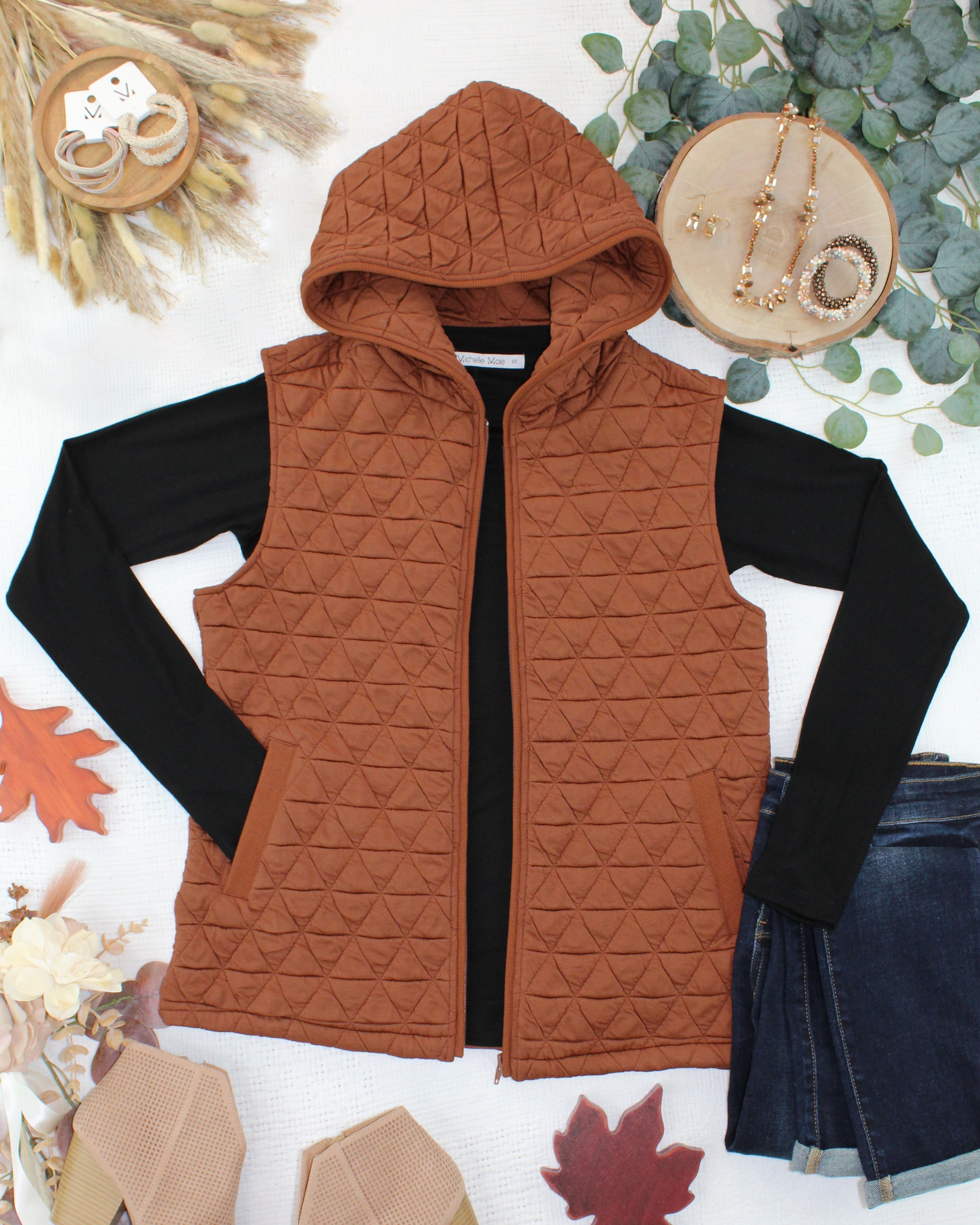 IN STOCK Heather Geometric Hooded Vest - Rust-Vest-Dear Me Southern Boutique, located in DeRidder, Louisiana