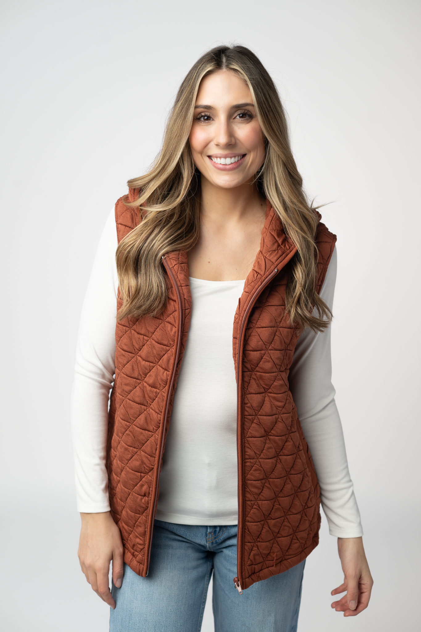 IN STOCK Heather Geometric Hooded Vest - Rust-Vest-Dear Me Southern Boutique, located in DeRidder, Louisiana