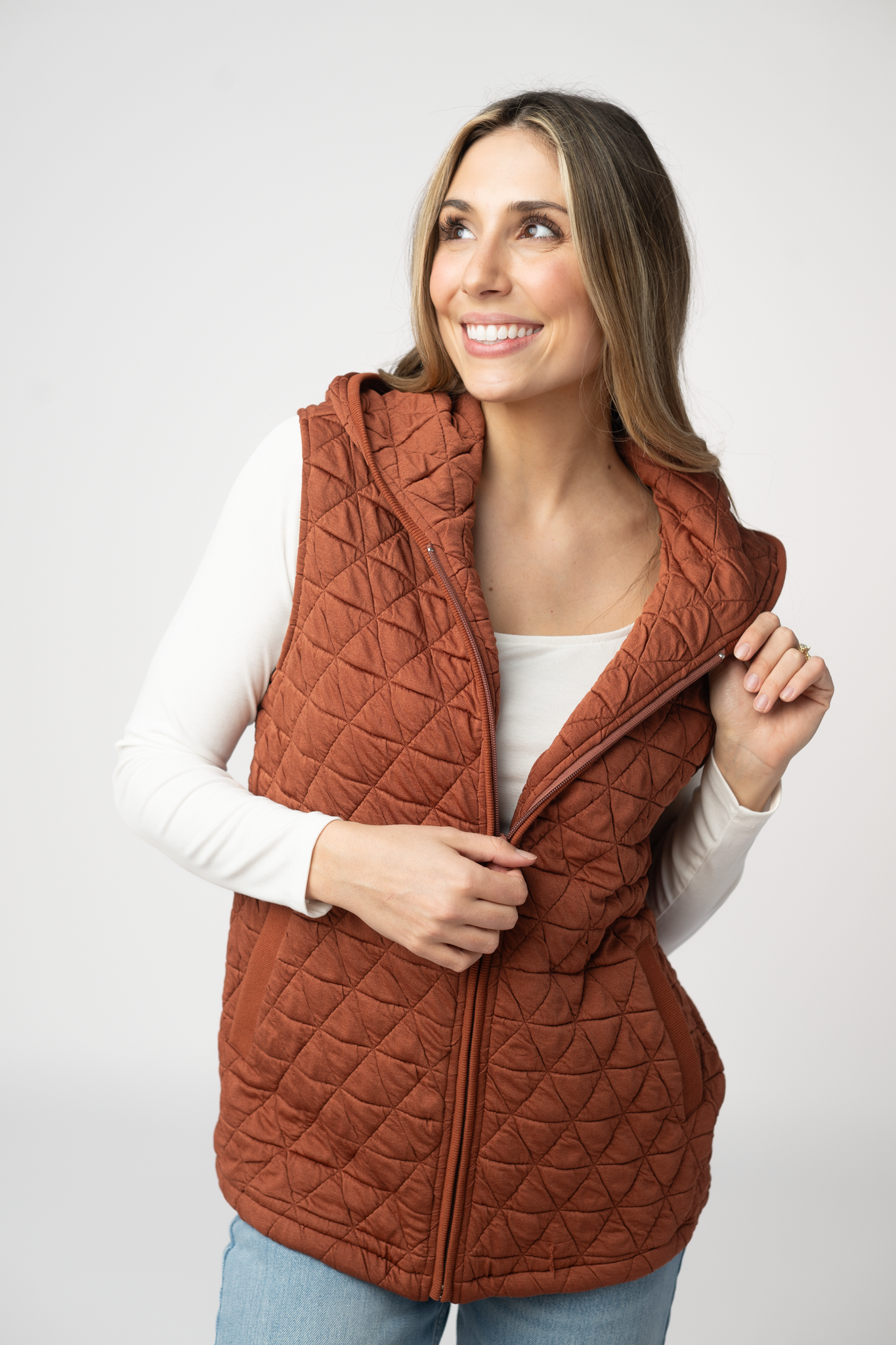 IN STOCK Heather Geometric Hooded Vest - Rust-Vest-Dear Me Southern Boutique, located in DeRidder, Louisiana