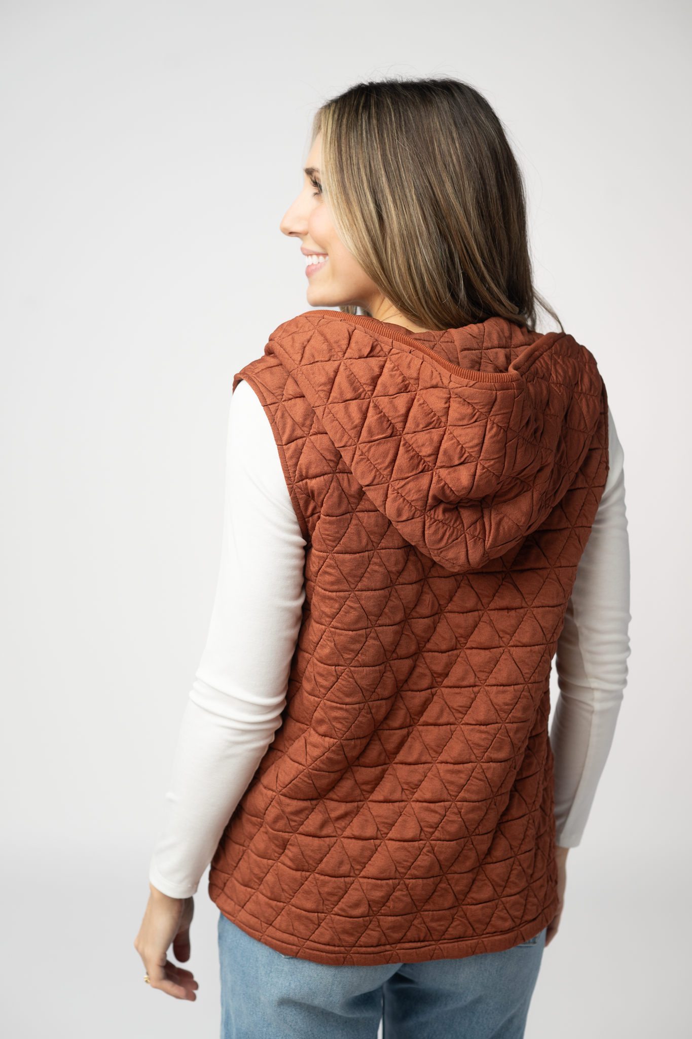 IN STOCK Heather Geometric Hooded Vest - Rust-Vest-Dear Me Southern Boutique, located in DeRidder, Louisiana