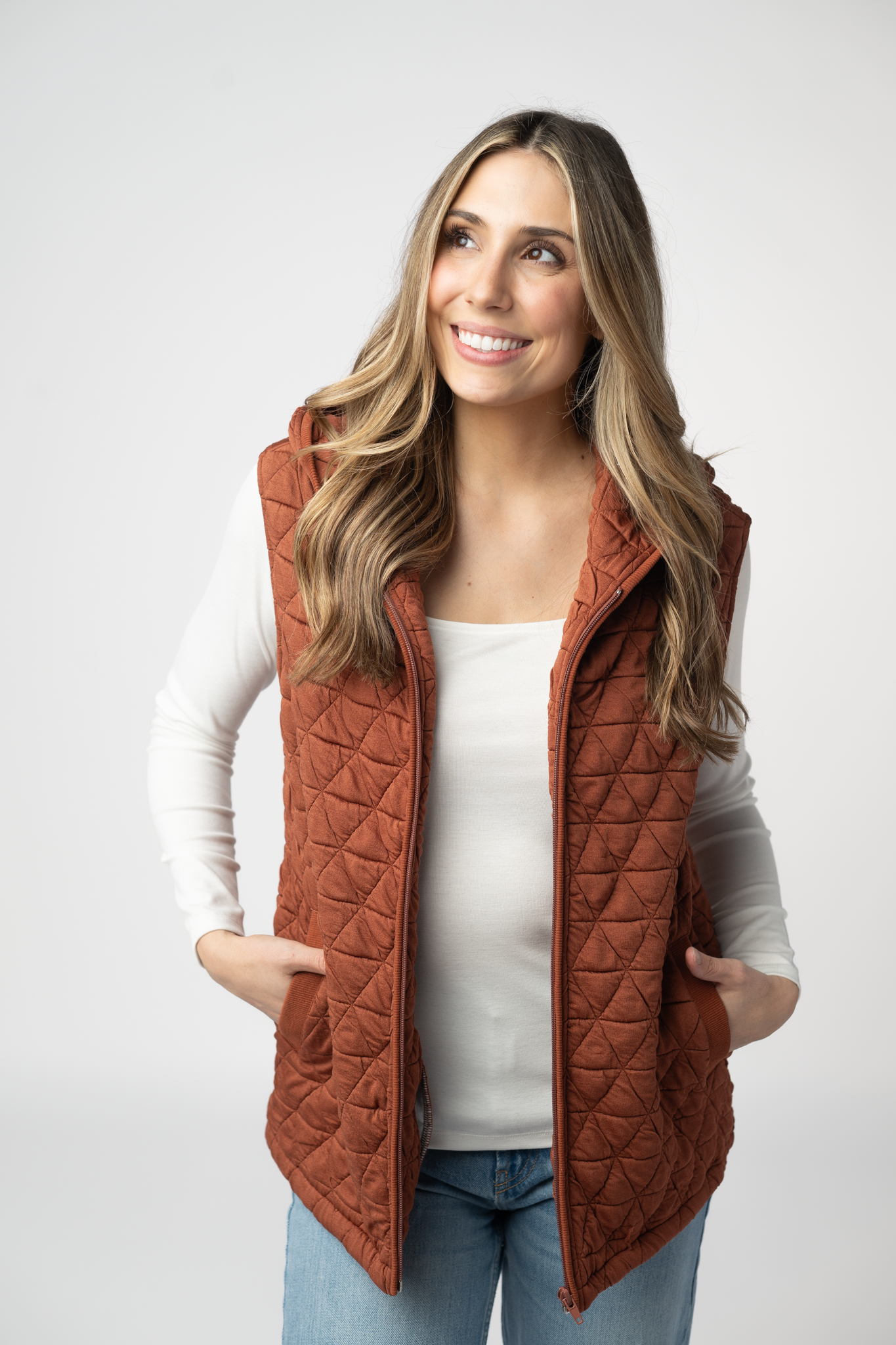 IN STOCK Heather Geometric Hooded Vest - Rust-Vest-Dear Me Southern Boutique, located in DeRidder, Louisiana