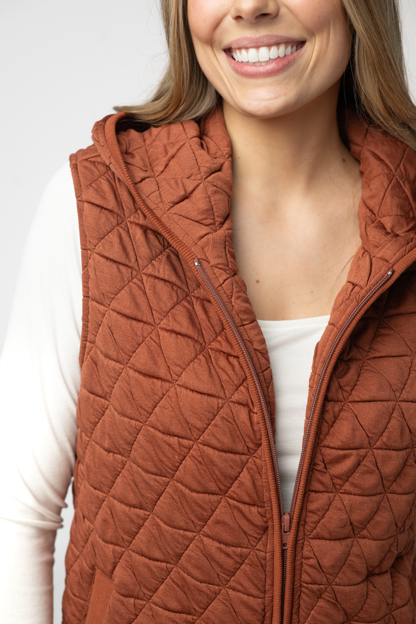 IN STOCK Heather Geometric Hooded Vest - Rust-Vest-Dear Me Southern Boutique, located in DeRidder, Louisiana