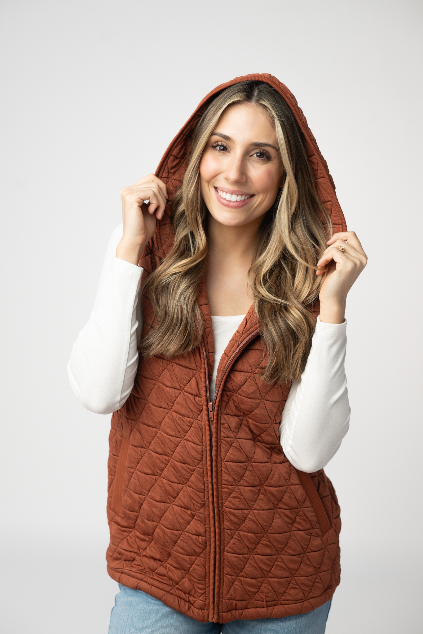 IN STOCK Heather Geometric Hooded Vest - Rust-Vest-Dear Me Southern Boutique, located in DeRidder, Louisiana