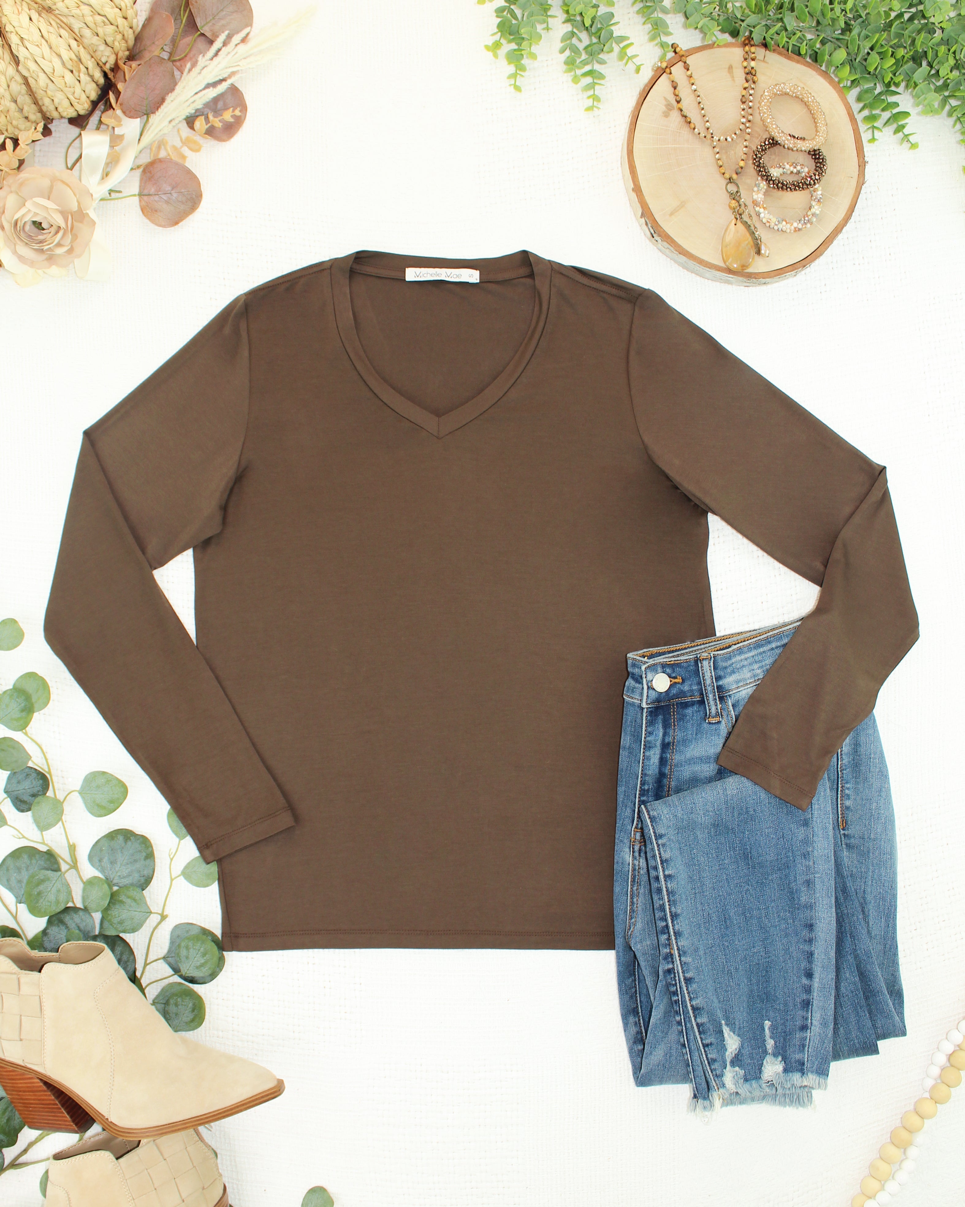 IN STOCK Larissa Long Sleeve - Brown-Tops-Dear Me Southern Boutique, located in DeRidder, Louisiana