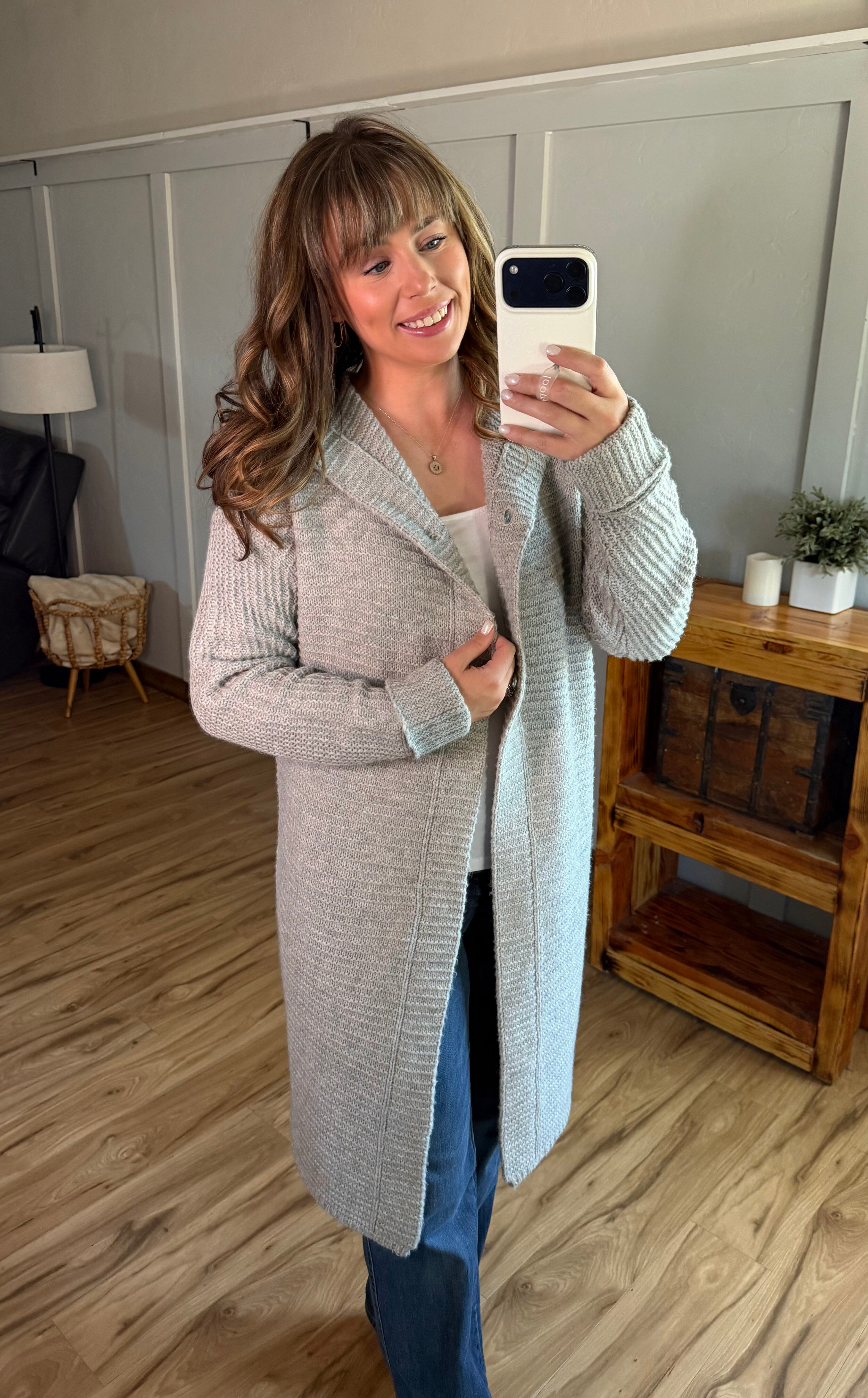 IN STOCK Lillian Long Hooded Cardigan - Grey-Cardigan-Dear Me Southern Boutique, located in DeRidder, Louisiana