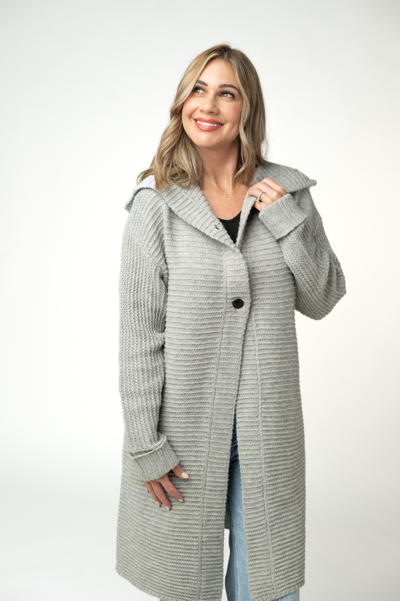 IN STOCK Lillian Long Hooded Cardigan - Grey-Cardigan-Dear Me Southern Boutique, located in DeRidder, Louisiana