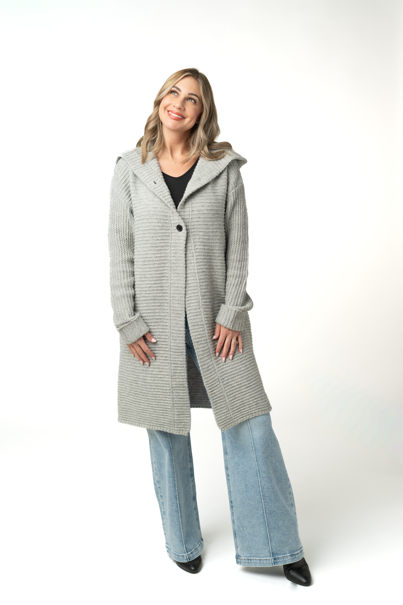 IN STOCK Lillian Long Hooded Cardigan - Grey-Cardigan-Dear Me Southern Boutique, located in DeRidder, Louisiana