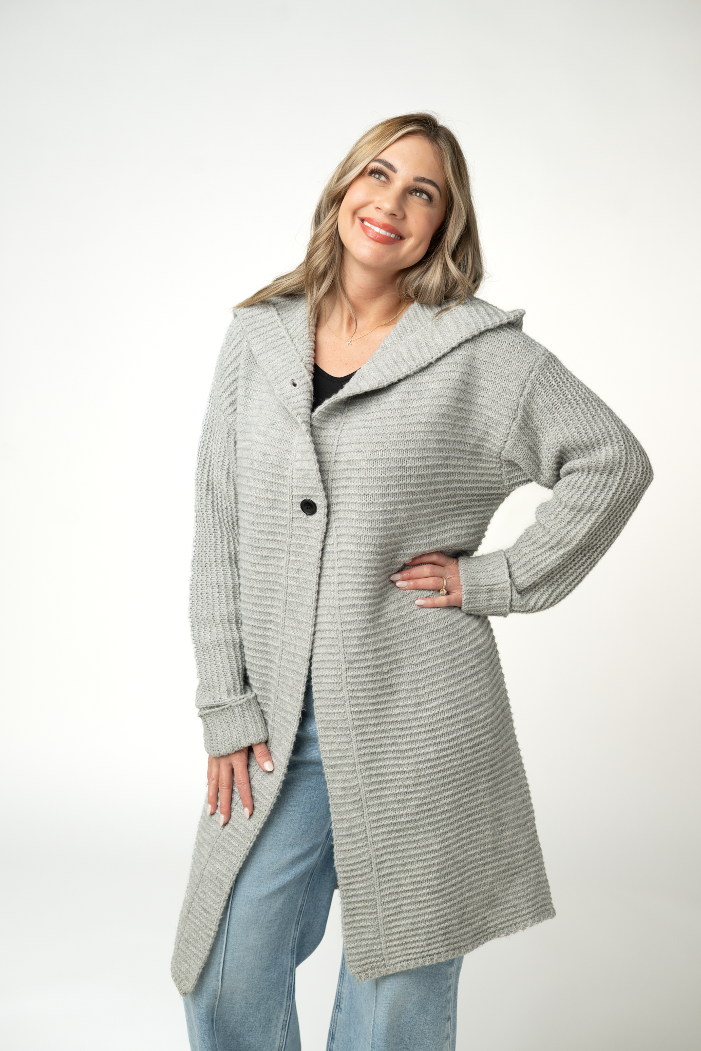 IN STOCK Lillian Long Hooded Cardigan - Grey-Cardigan-Dear Me Southern Boutique, located in DeRidder, Louisiana