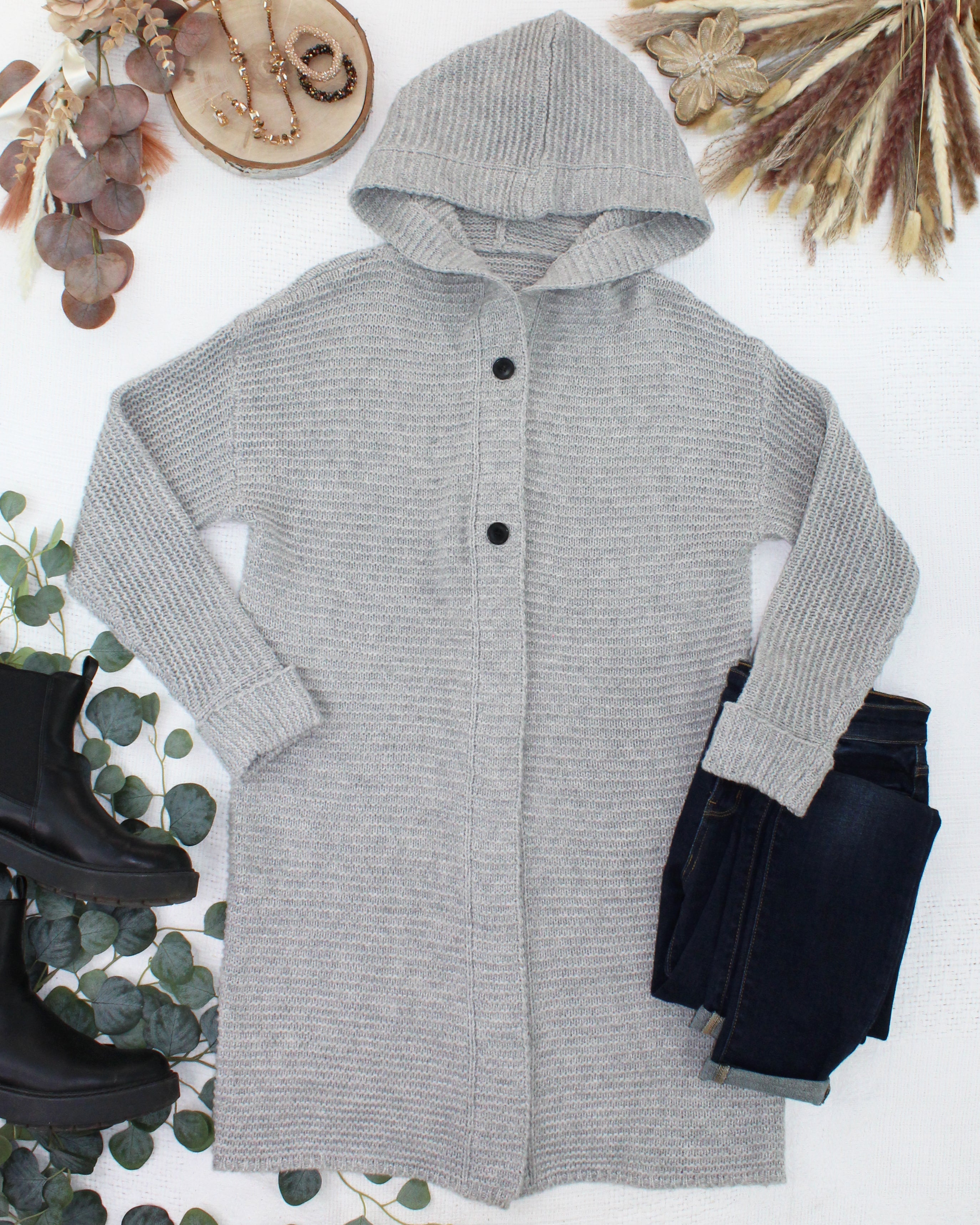 IN STOCK Lillian Long Hooded Cardigan - Grey-Cardigan-Dear Me Southern Boutique, located in DeRidder, Louisiana