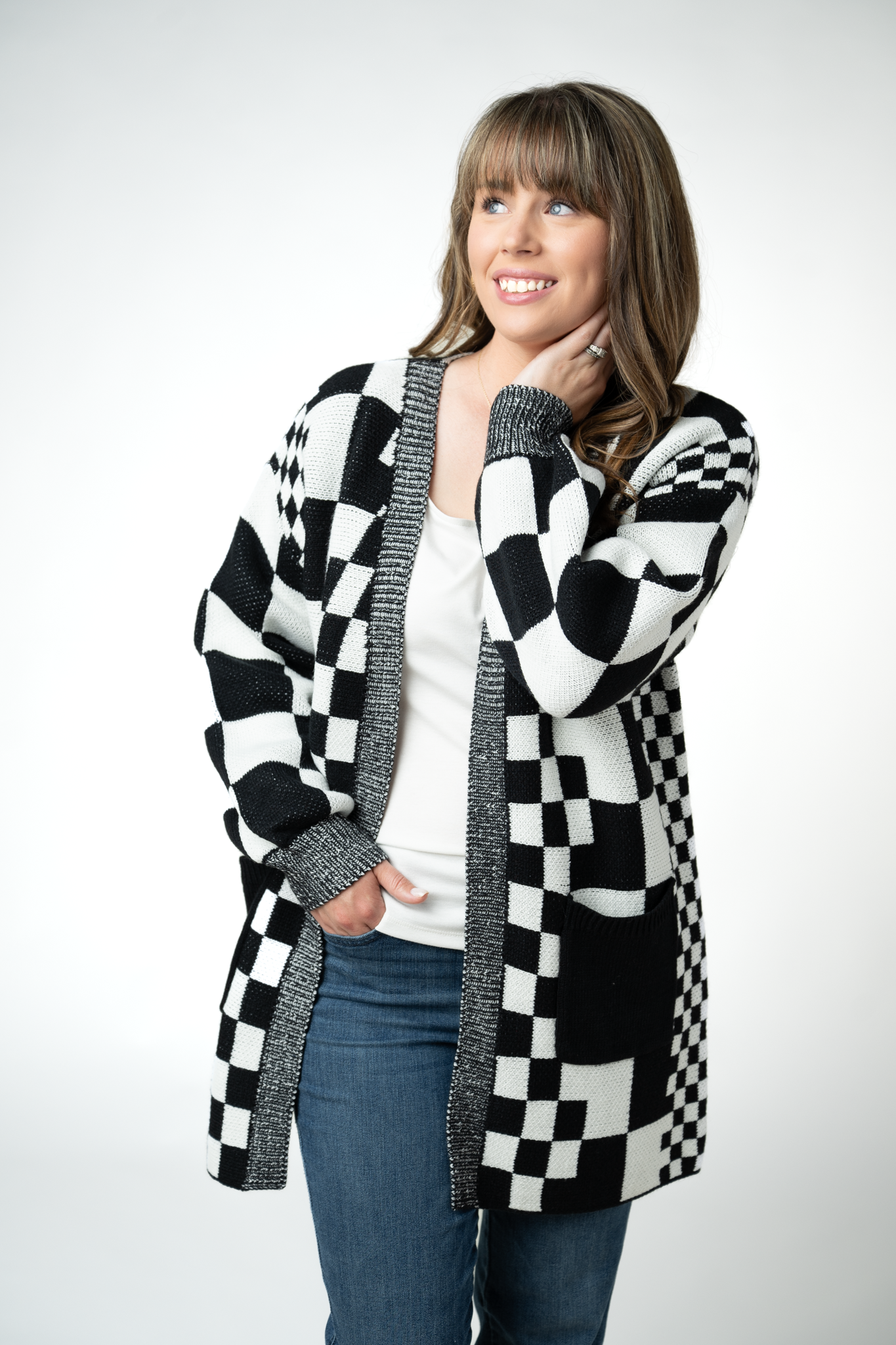 IN STOCK Long Checkered Pocket Cardigan - Black and White-Cardigan-Dear Me Southern Boutique, located in DeRidder, Louisiana