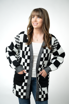 IN STOCK Long Checkered Pocket Cardigan - Black and White-Cardigan-Dear Me Southern Boutique, located in DeRidder, Louisiana