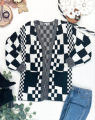 IN STOCK Long Checkered Pocket Cardigan - Black and White-Cardigan-Dear Me Southern Boutique, located in DeRidder, Louisiana