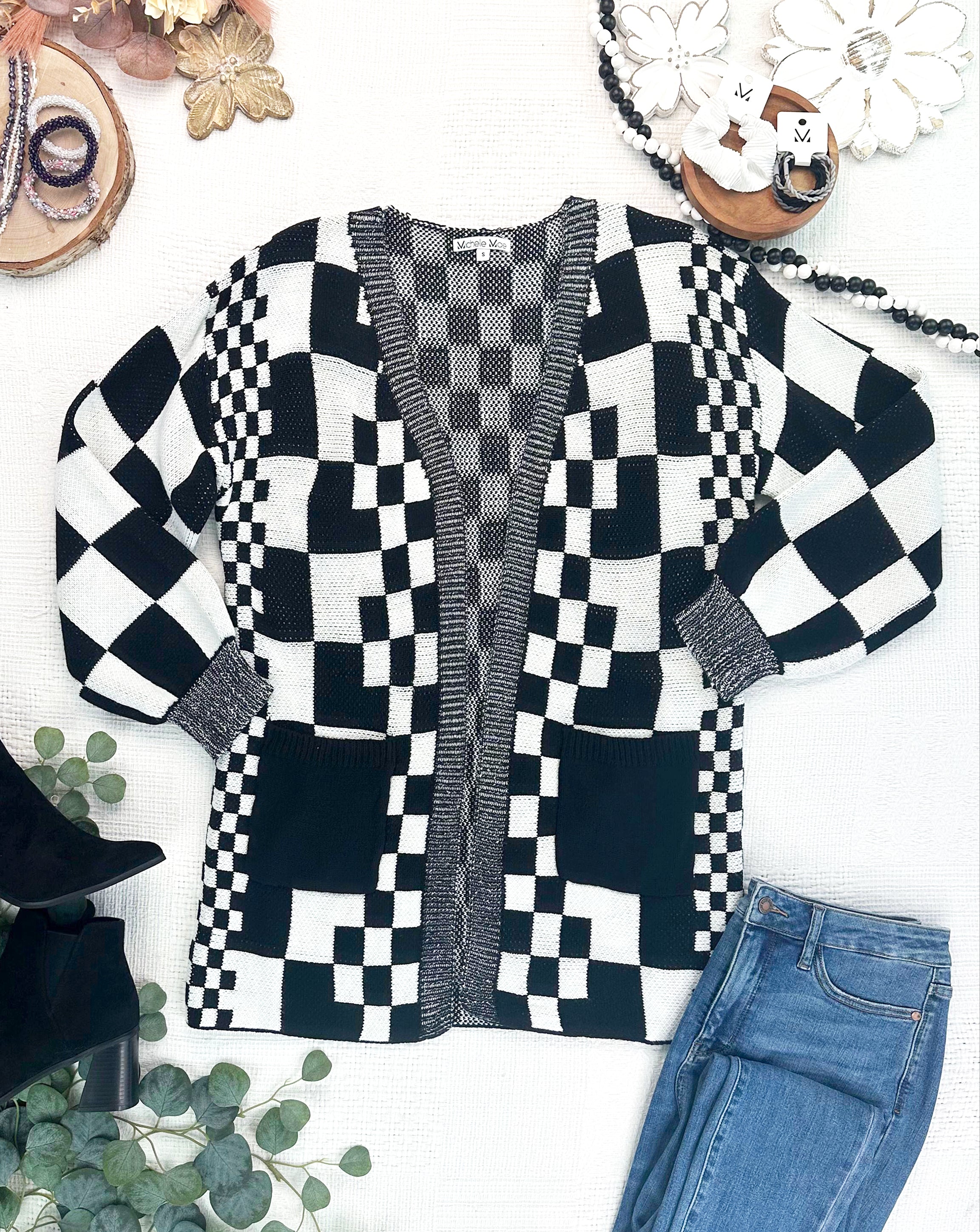 IN STOCK Long Checkered Pocket Cardigan - Black and White-Cardigan-Dear Me Southern Boutique, located in DeRidder, Louisiana