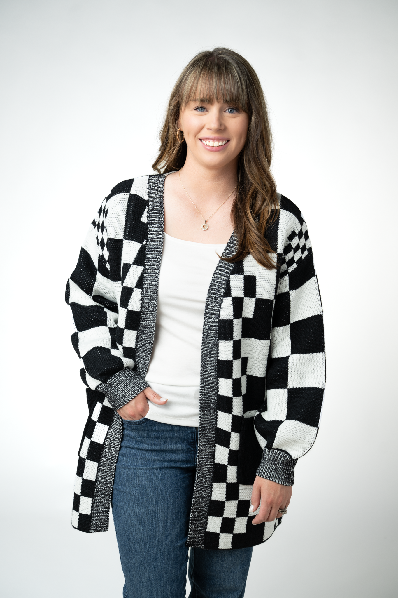IN STOCK Long Checkered Pocket Cardigan - Black and White-Cardigan-Dear Me Southern Boutique, located in DeRidder, Louisiana