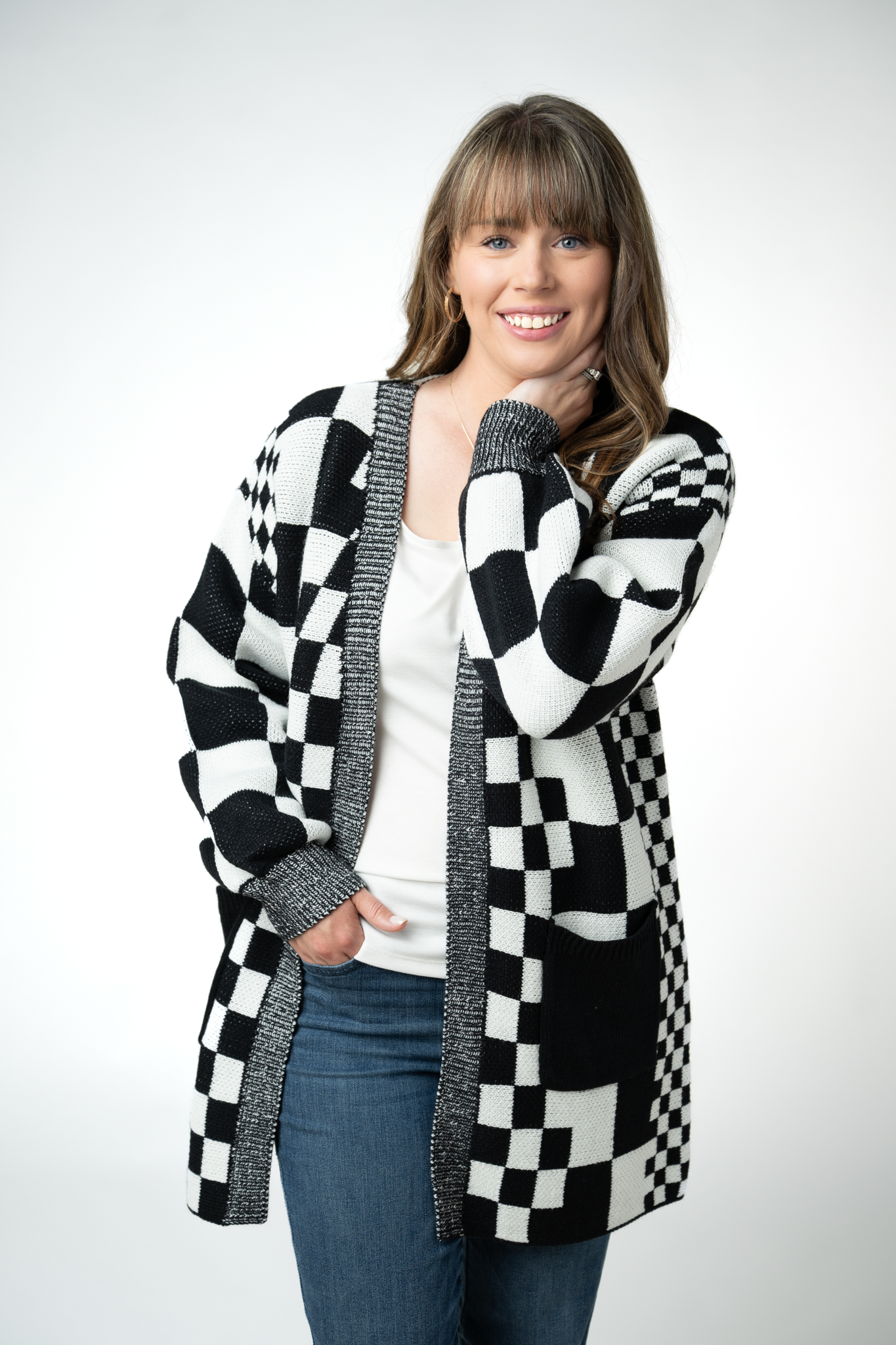 IN STOCK Long Checkered Pocket Cardigan - Black and White-Cardigan-Dear Me Southern Boutique, located in DeRidder, Louisiana