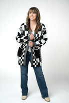 IN STOCK Long Checkered Pocket Cardigan - Black and White-Cardigan-Dear Me Southern Boutique, located in DeRidder, Louisiana