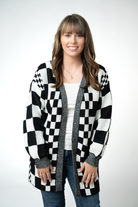 IN STOCK Long Checkered Pocket Cardigan - Black and White-Cardigan-Dear Me Southern Boutique, located in DeRidder, Louisiana