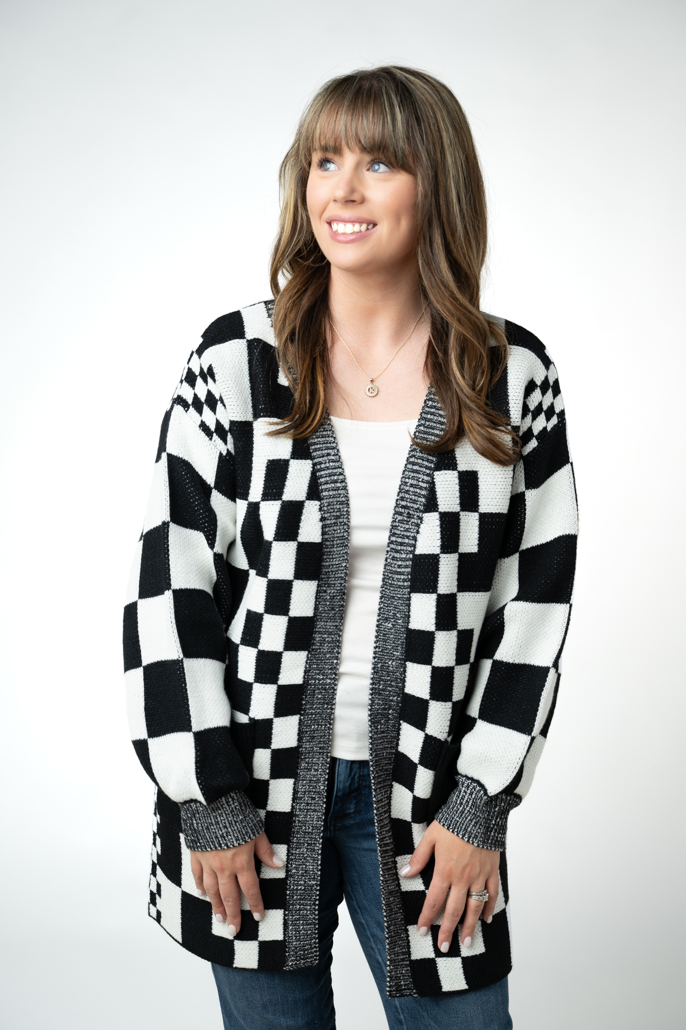 IN STOCK Long Checkered Pocket Cardigan - Black and White-Cardigan-Dear Me Southern Boutique, located in DeRidder, Louisiana
