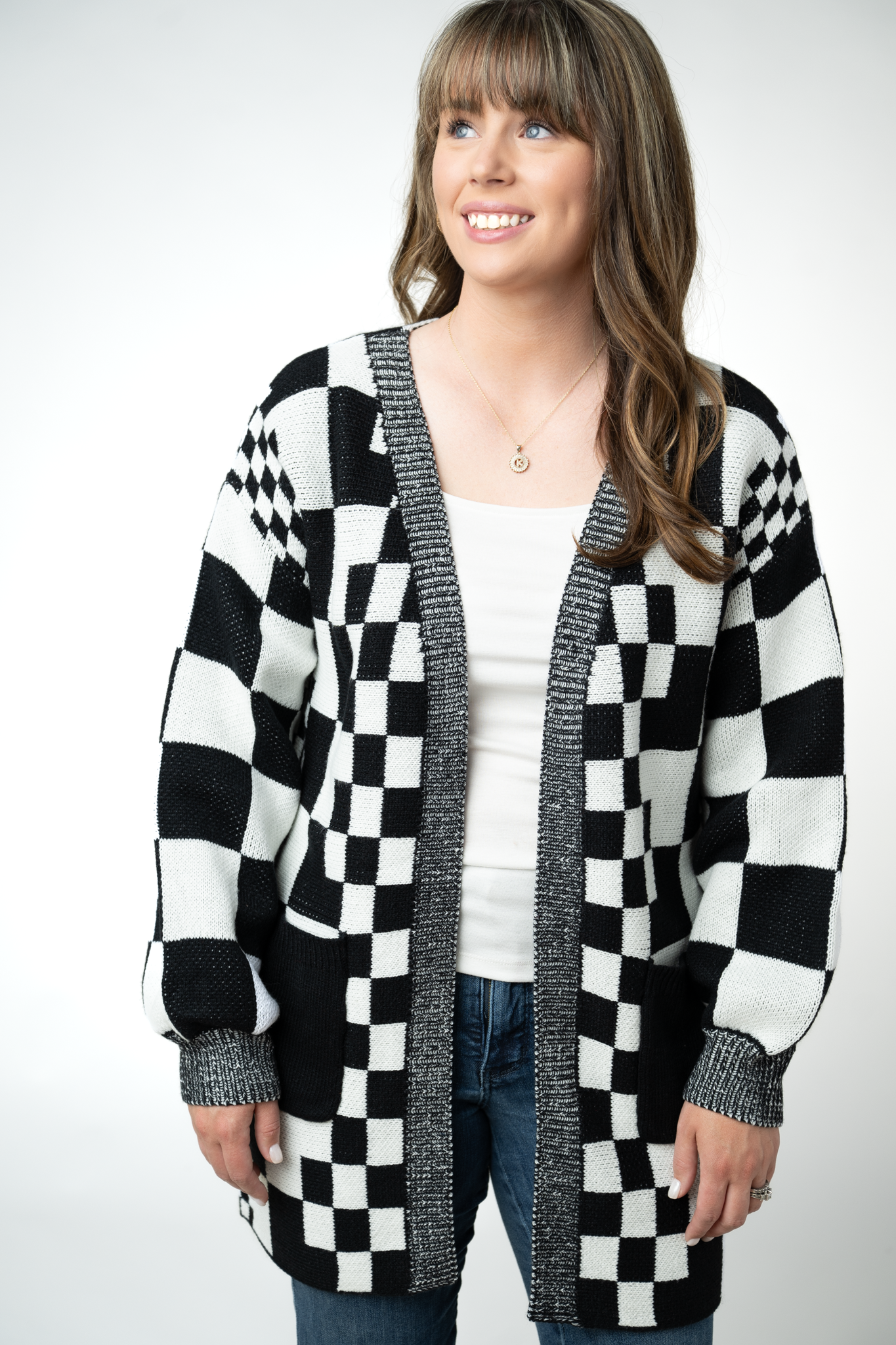 IN STOCK Long Checkered Pocket Cardigan - Black and White-Cardigan-Dear Me Southern Boutique, located in DeRidder, Louisiana