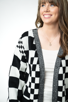 IN STOCK Long Checkered Pocket Cardigan - Black and White-Cardigan-Dear Me Southern Boutique, located in DeRidder, Louisiana
