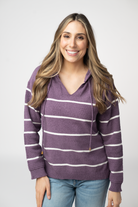 IN STOCK Maddie Striped Hoodie - Purple-sweater-Dear Me Southern Boutique, located in DeRidder, Louisiana