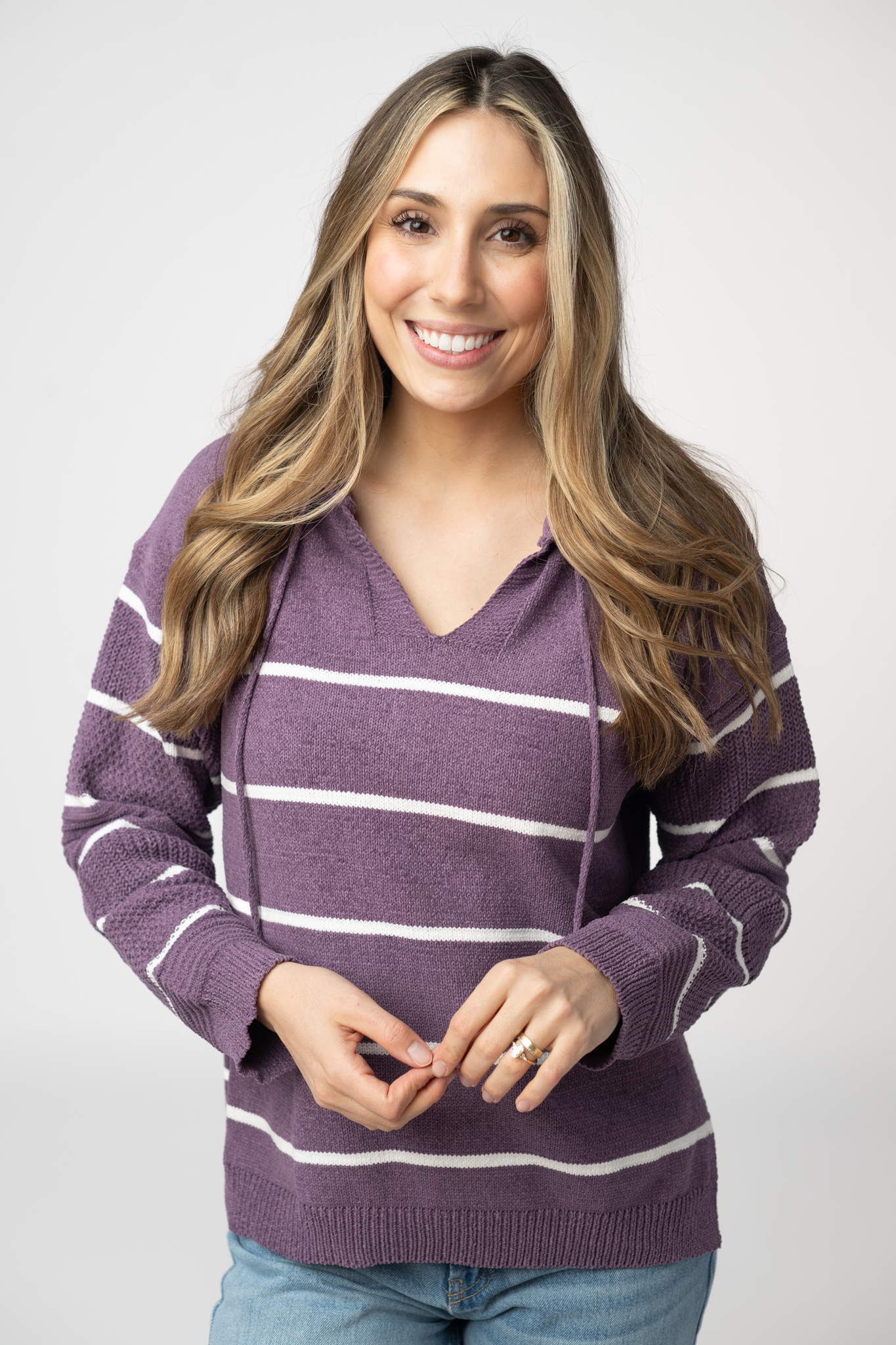 IN STOCK Maddie Striped Hoodie - Purple-sweater-Dear Me Southern Boutique, located in DeRidder, Louisiana