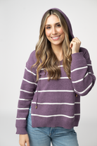 IN STOCK Maddie Striped Hoodie - Purple-sweater-Dear Me Southern Boutique, located in DeRidder, Louisiana