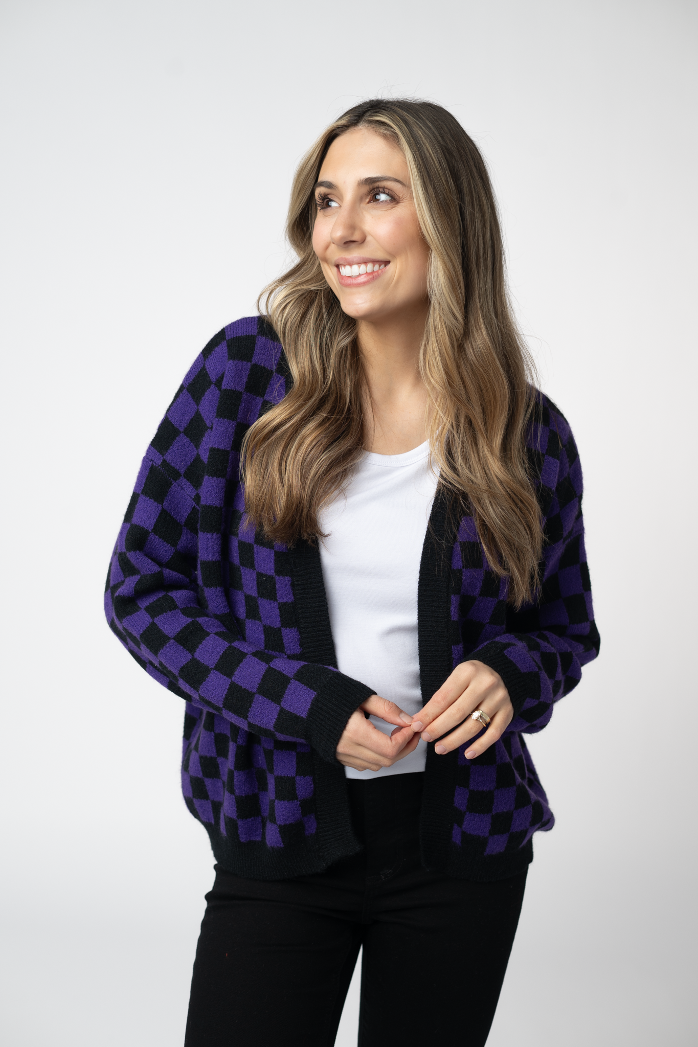 IN STOCK Micro Checkered Cardigan - Black and Purple-Cardigan-Dear Me Southern Boutique, located in DeRidder, Louisiana
