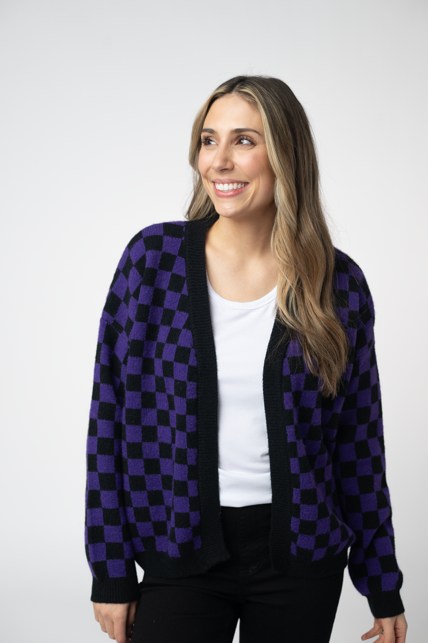 IN STOCK Micro Checkered Cardigan - Black and Purple-Cardigan-Dear Me Southern Boutique, located in DeRidder, Louisiana