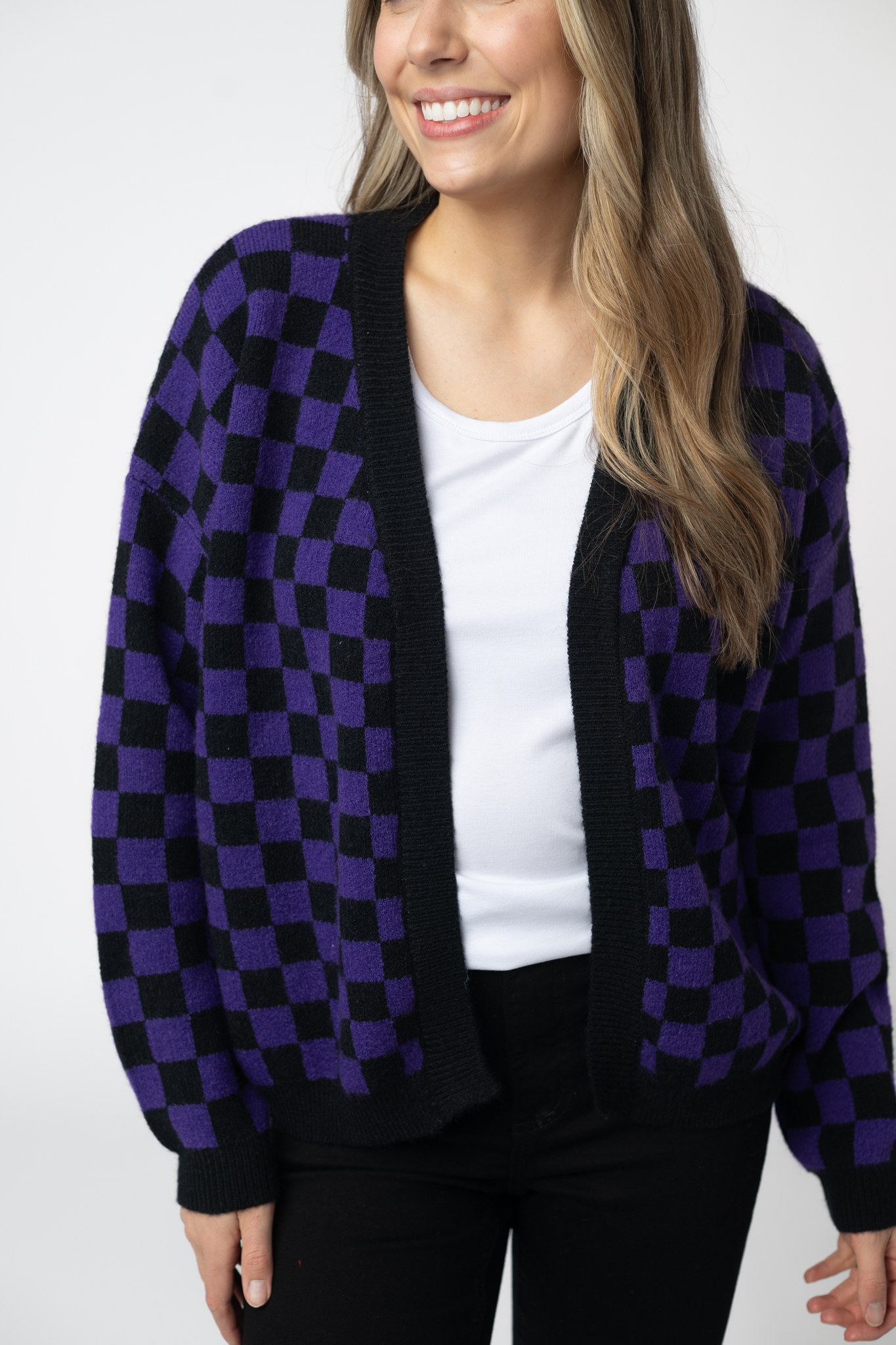 IN STOCK Micro Checkered Cardigan - Black and Purple-Cardigan-Dear Me Southern Boutique, located in DeRidder, Louisiana