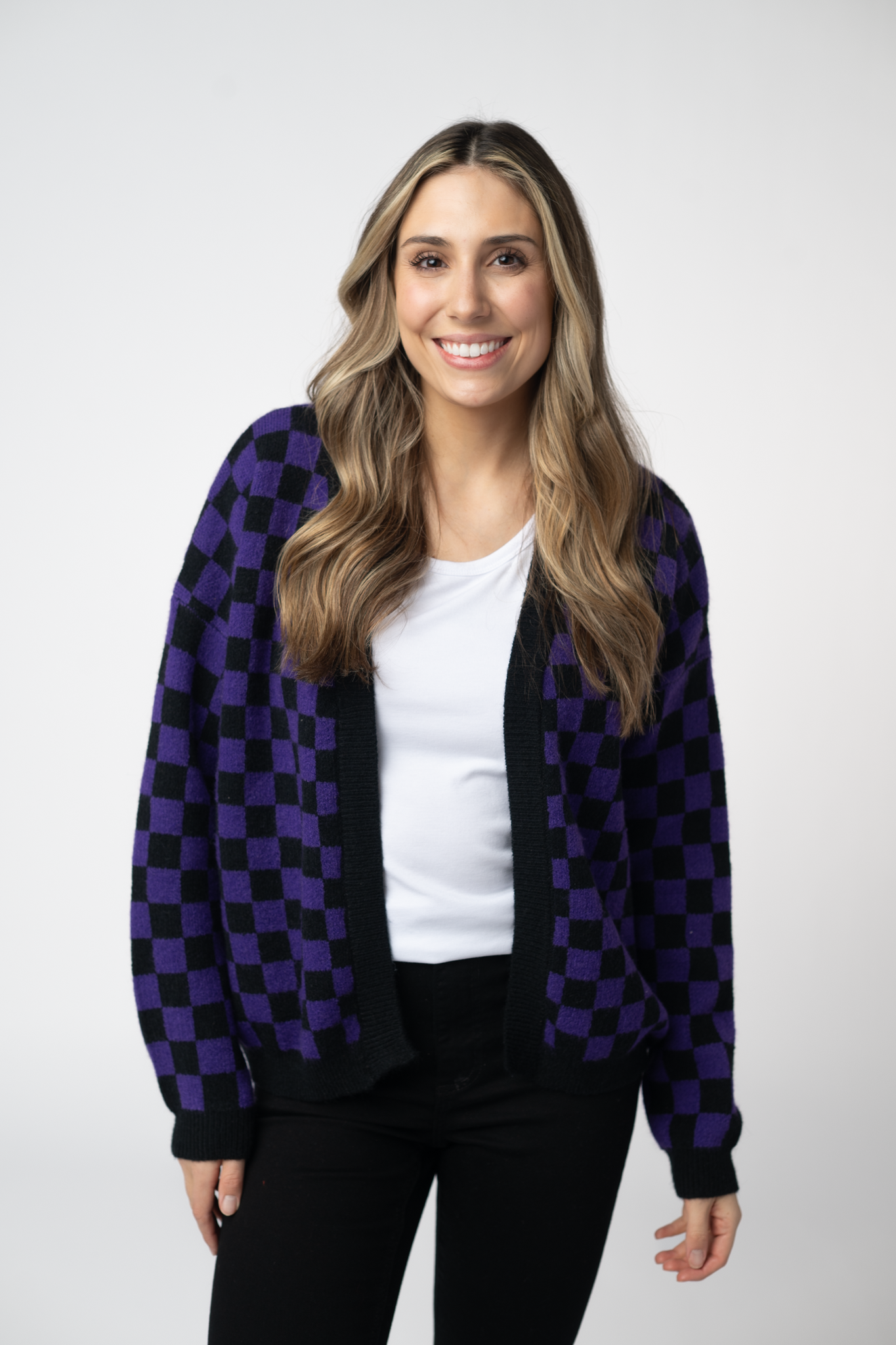 IN STOCK Micro Checkered Cardigan - Black and Purple-Cardigan-Dear Me Southern Boutique, located in DeRidder, Louisiana