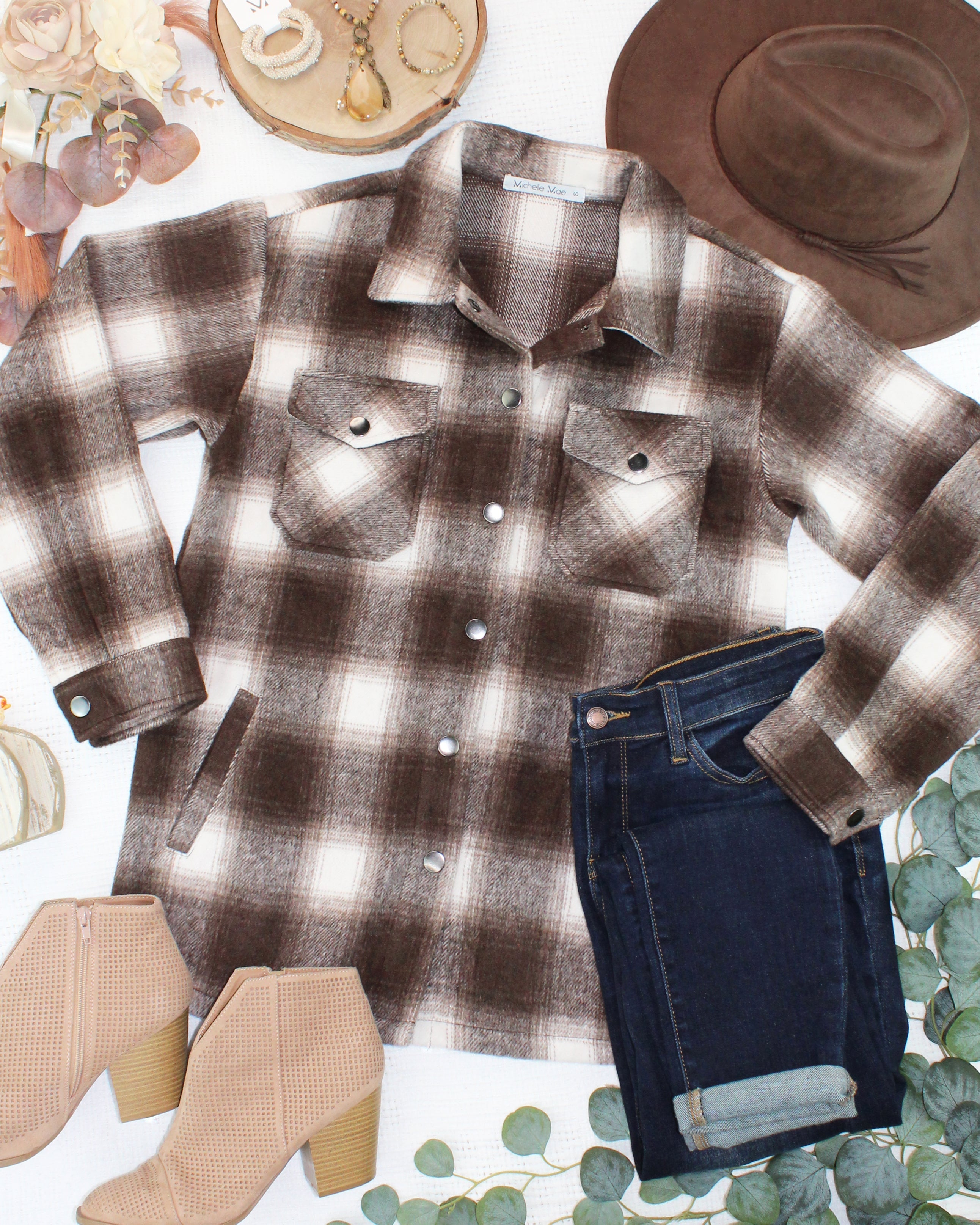 IN STOCK Norah Shacket - Brown Plaid-shacket-Dear Me Southern Boutique, located in DeRidder, Louisiana
