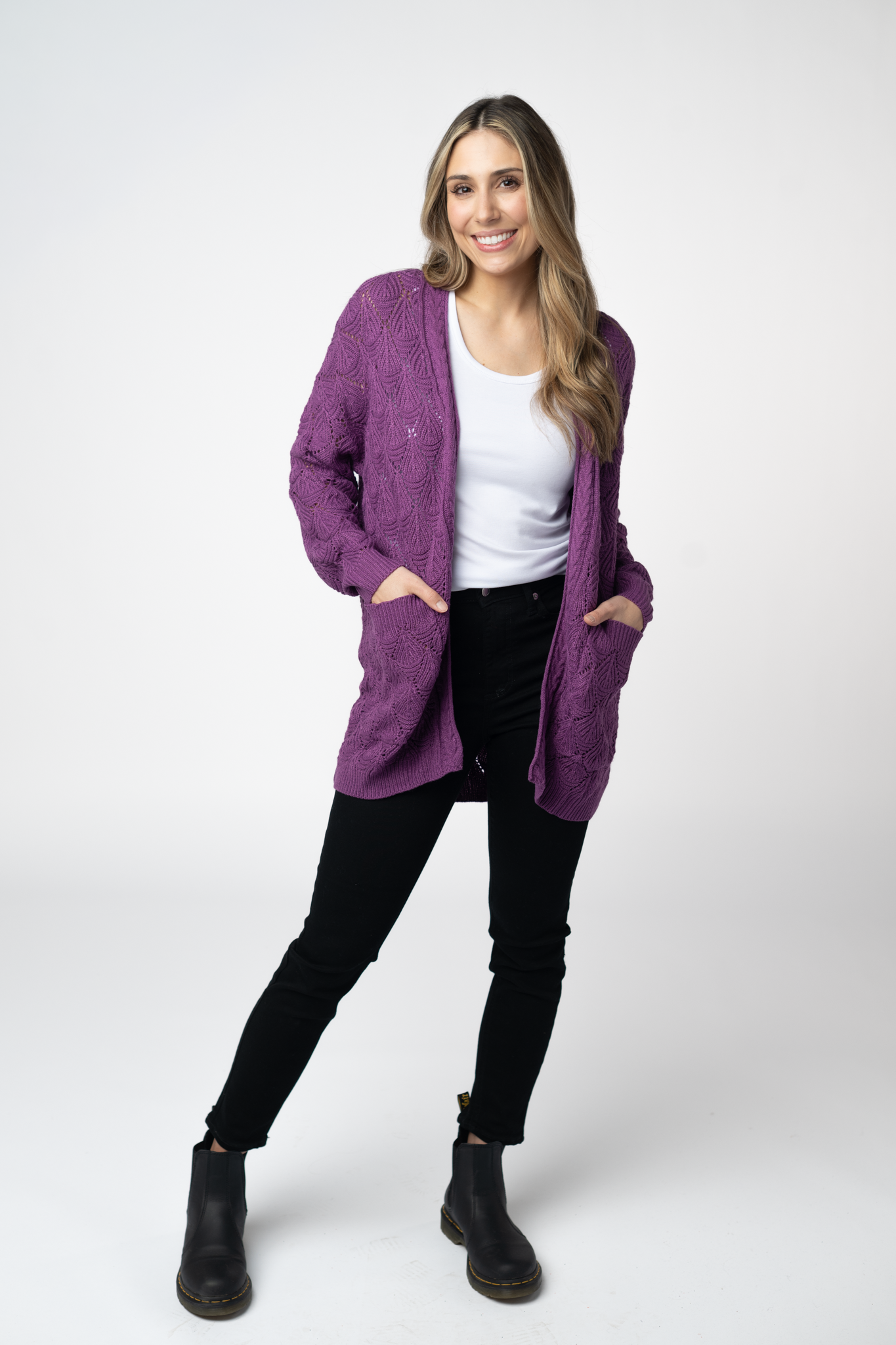 IN STOCK Open Knit Cardigan - Purple-Cardigan-Dear Me Southern Boutique, located in DeRidder, Louisiana