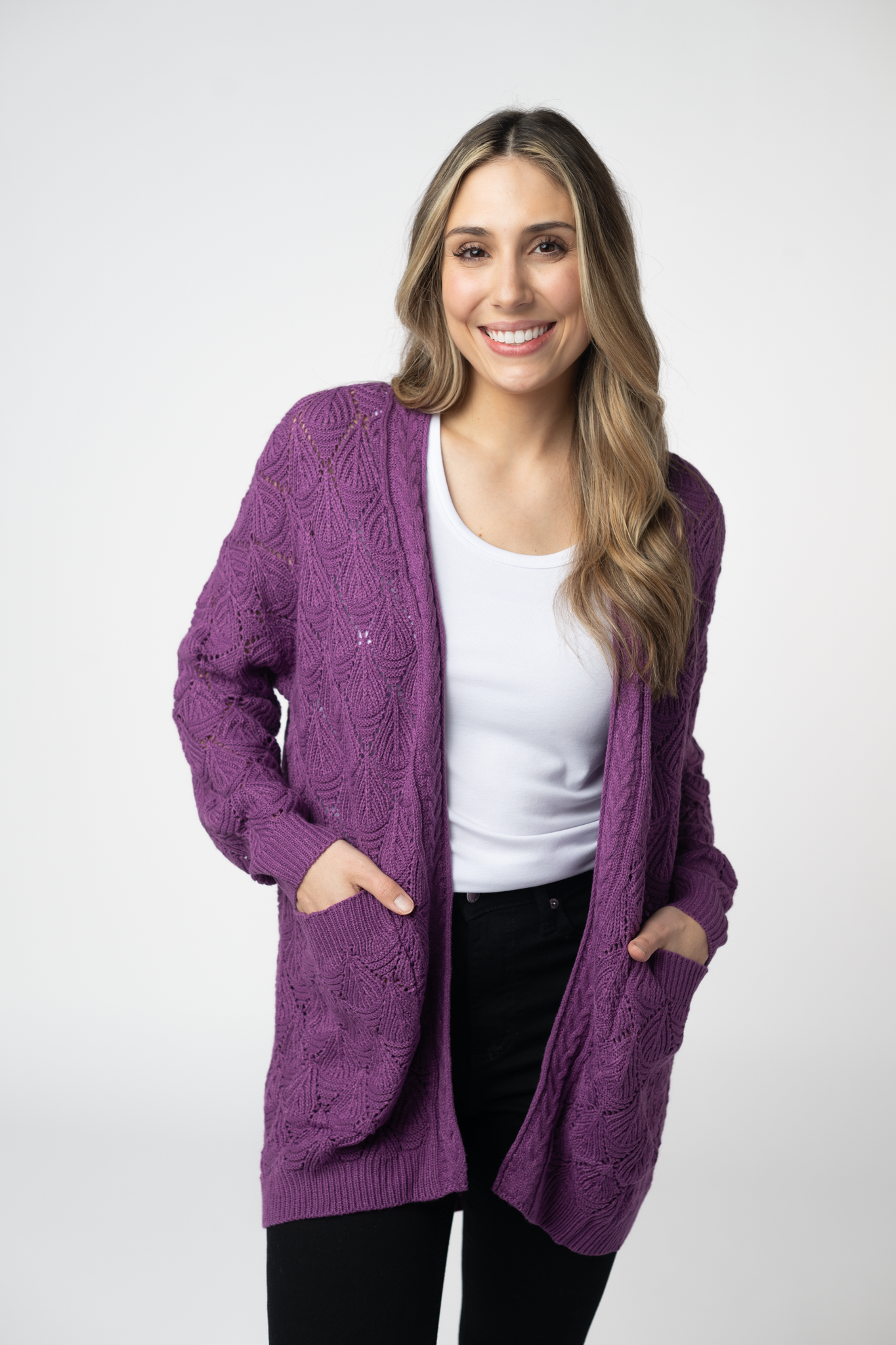 IN STOCK Open Knit Cardigan - Purple-Cardigan-Dear Me Southern Boutique, located in DeRidder, Louisiana