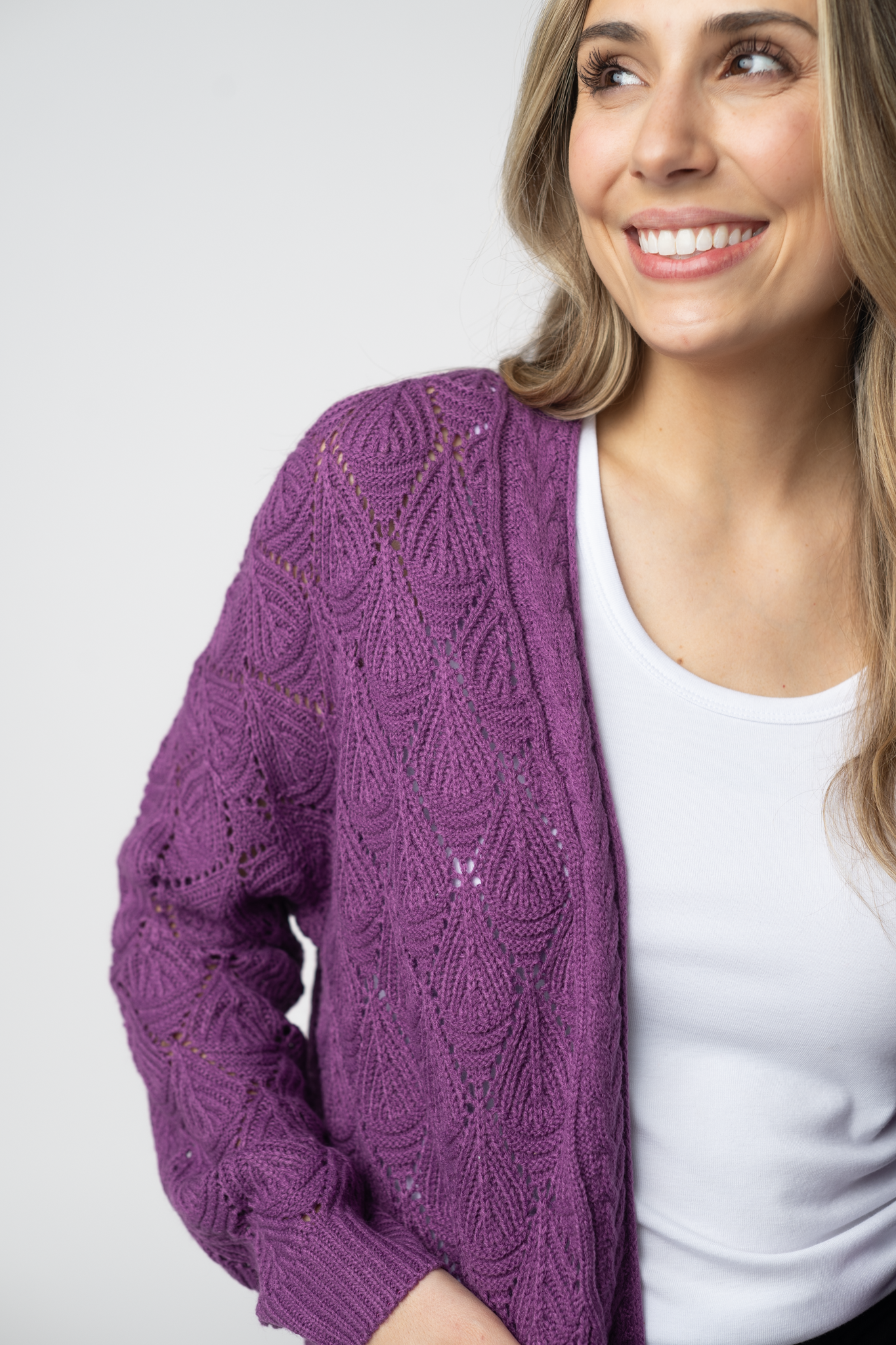 IN STOCK Open Knit Cardigan - Purple-Cardigan-Dear Me Southern Boutique, located in DeRidder, Louisiana