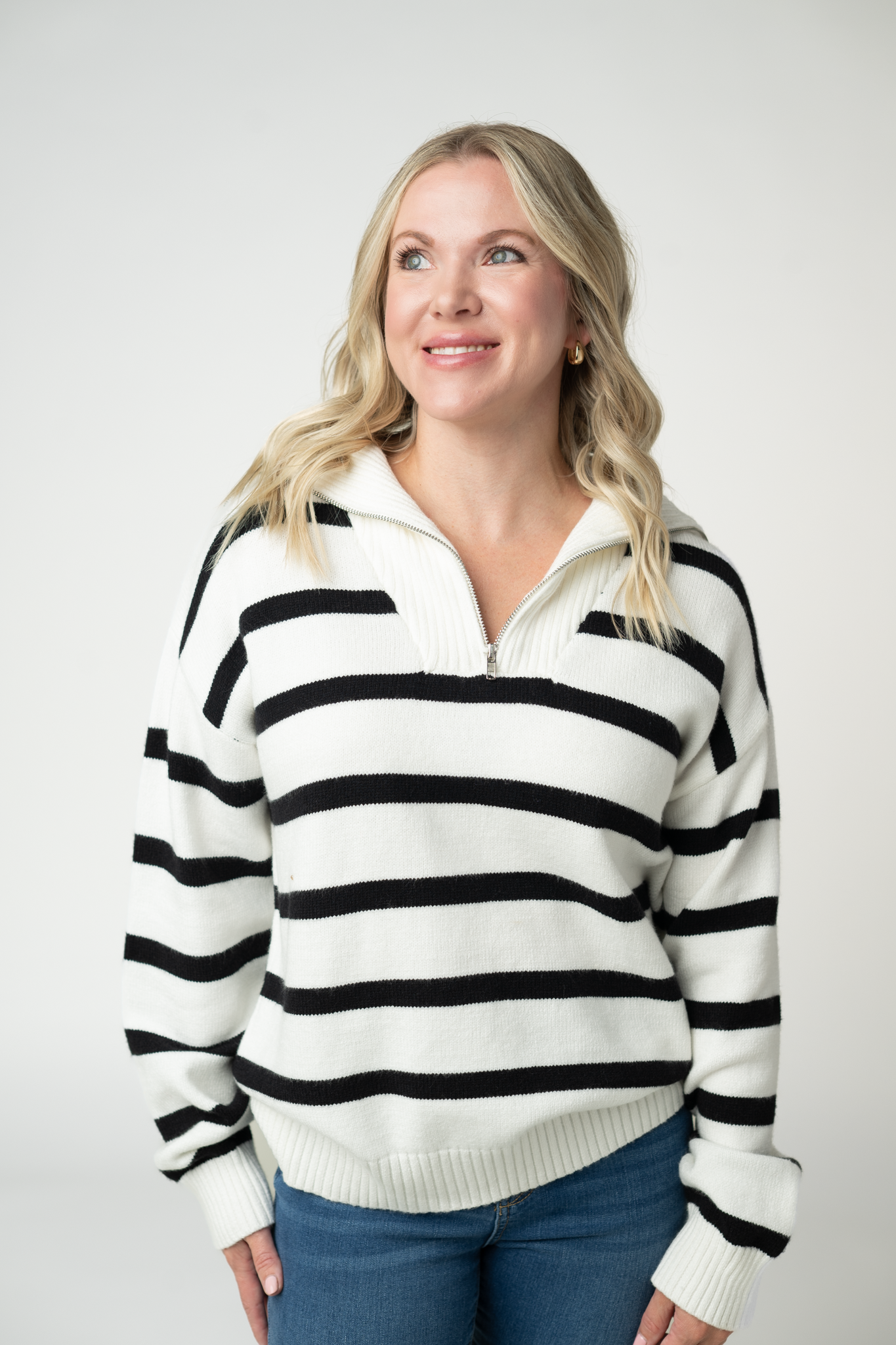 IN STOCK Quarter Zip Striped Pullover - Black and White-pullover-Dear Me Southern Boutique, located in DeRidder, Louisiana