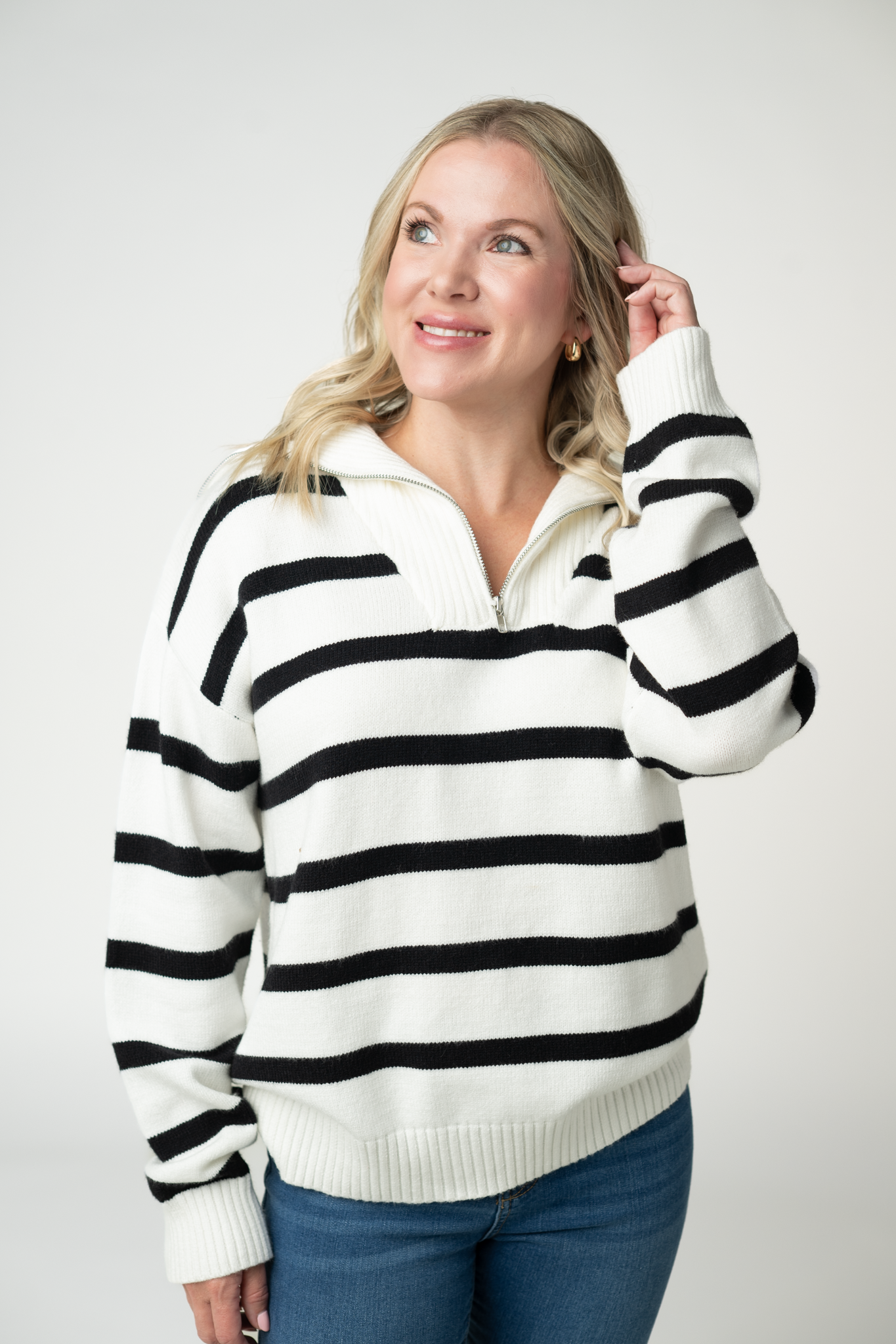 IN STOCK Quarter Zip Striped Pullover - Black and White-pullover-Dear Me Southern Boutique, located in DeRidder, Louisiana